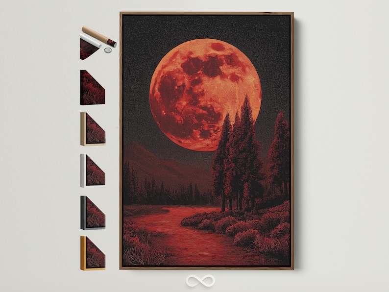 Red moon over a dark forest landscape with textured crimson and black details