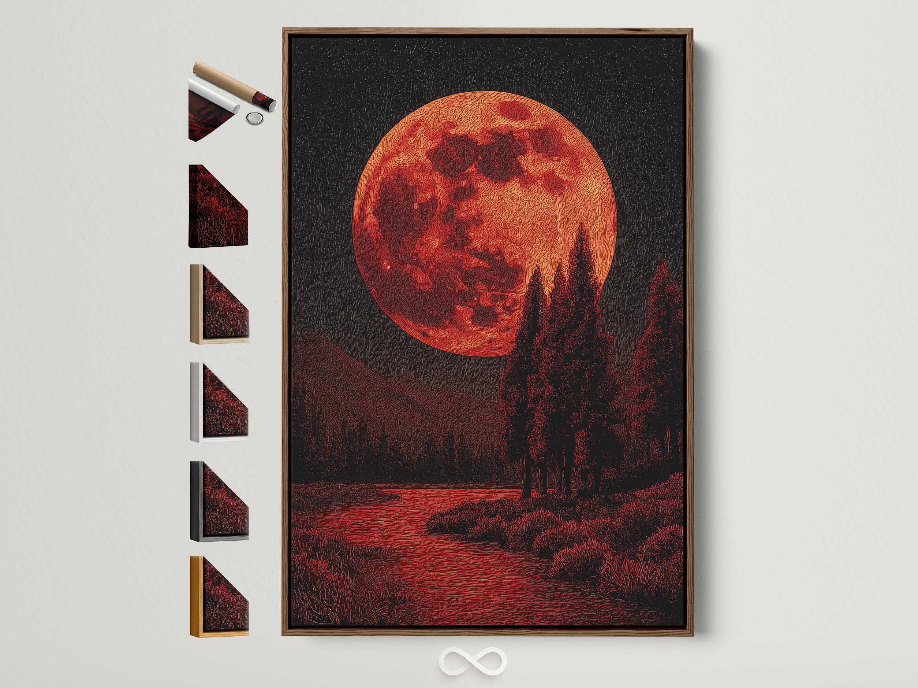 Red moon over a dark forest landscape with textured crimson and black details