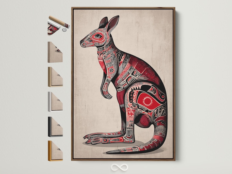 Stylised kangaroo illustration in black and red with detailed tribal patterns