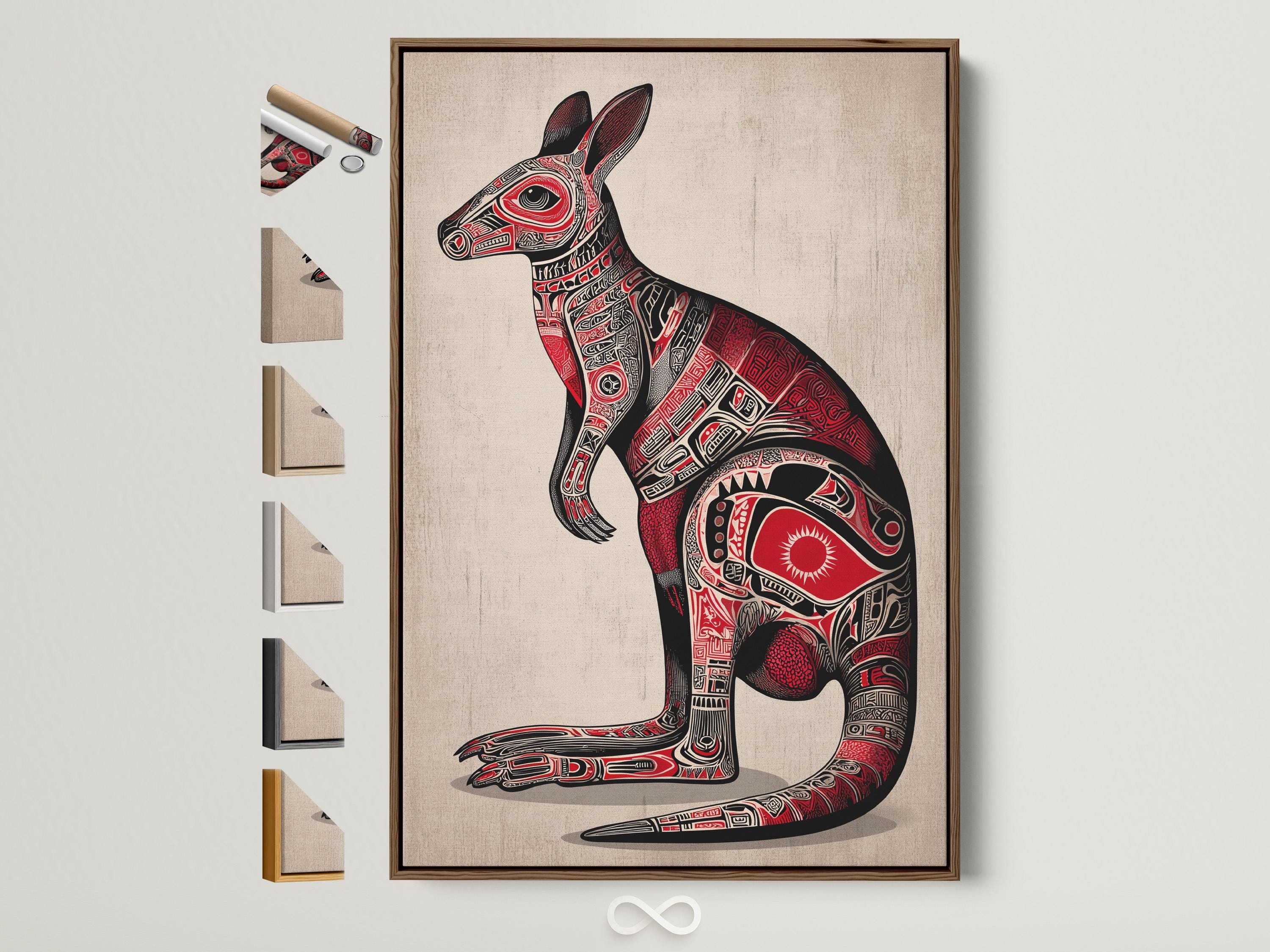 Stylised kangaroo illustration in black and red with detailed tribal patterns