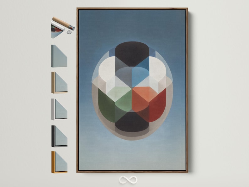 A blue geometric composition features a central rounded cluster of overlapping blocks and circles in cream, grey, dark charcoal, and warm red accents