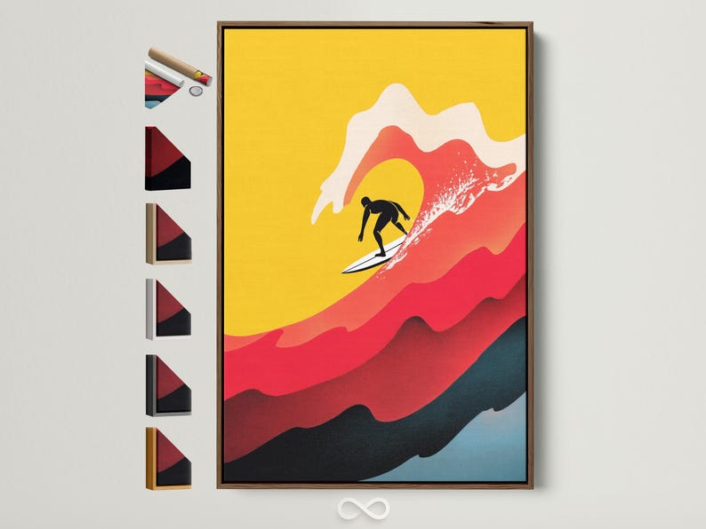 Stylised surfer silhouette on a white surfboard riding red and off-white waves over a yellow background
