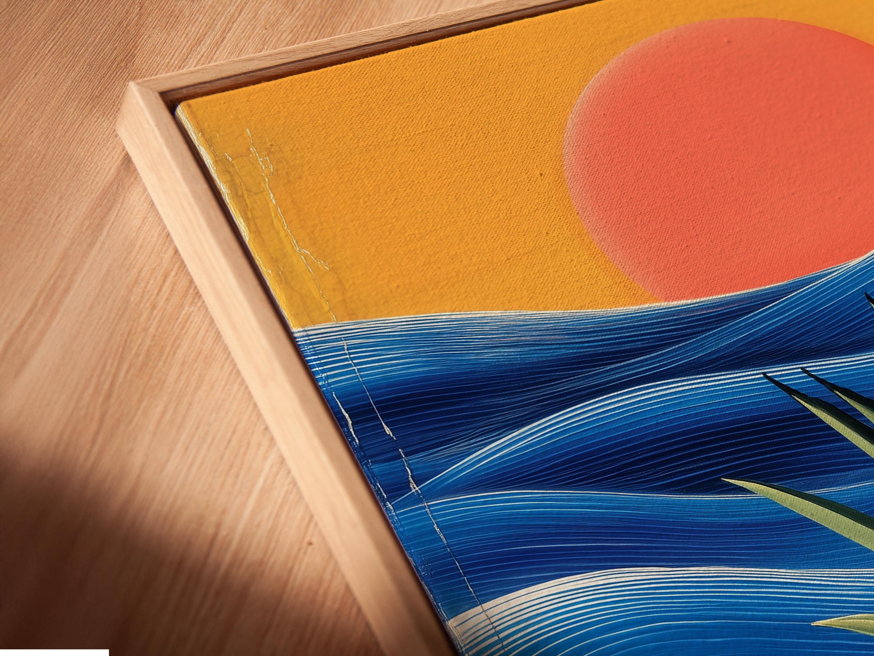 Sunset over stylised ocean waves with spiky green plants and pale sandy foreground detail view