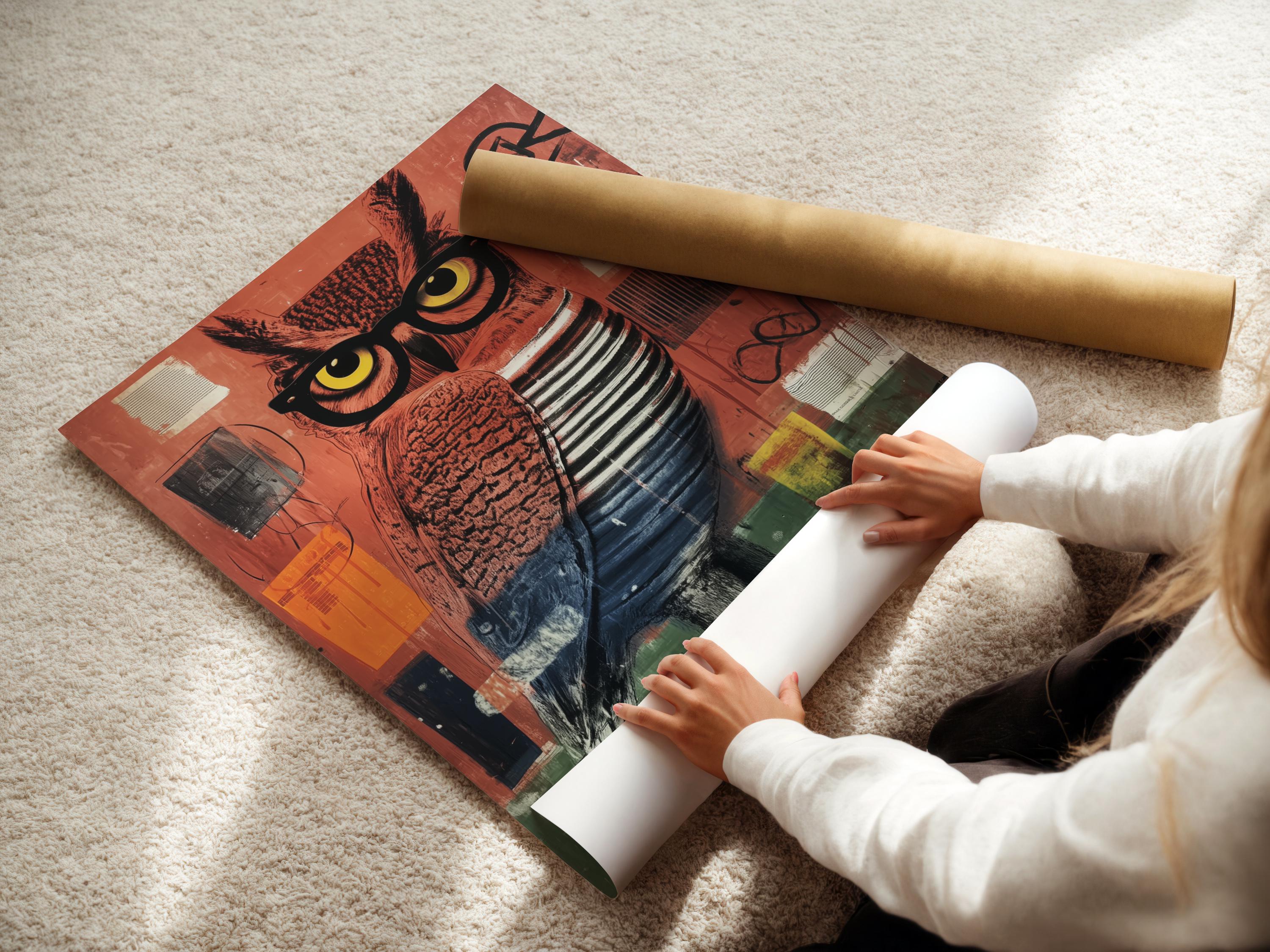 Stylised owl wearing oversized glasses in terracotta, teal and charcoal tones detail view