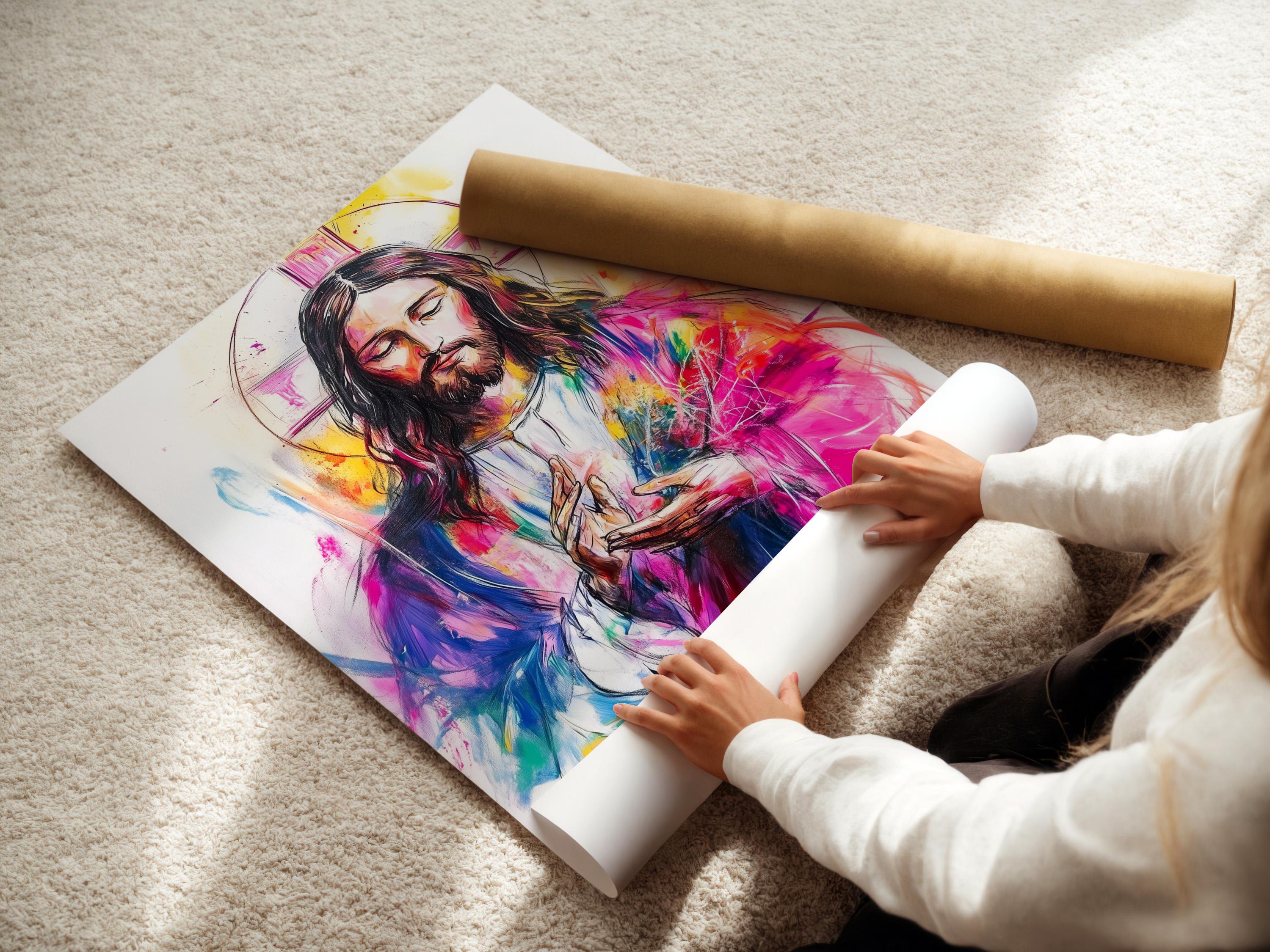 Religious portrait artwork of Jesus with halo displayed above a wooden table in a hallway