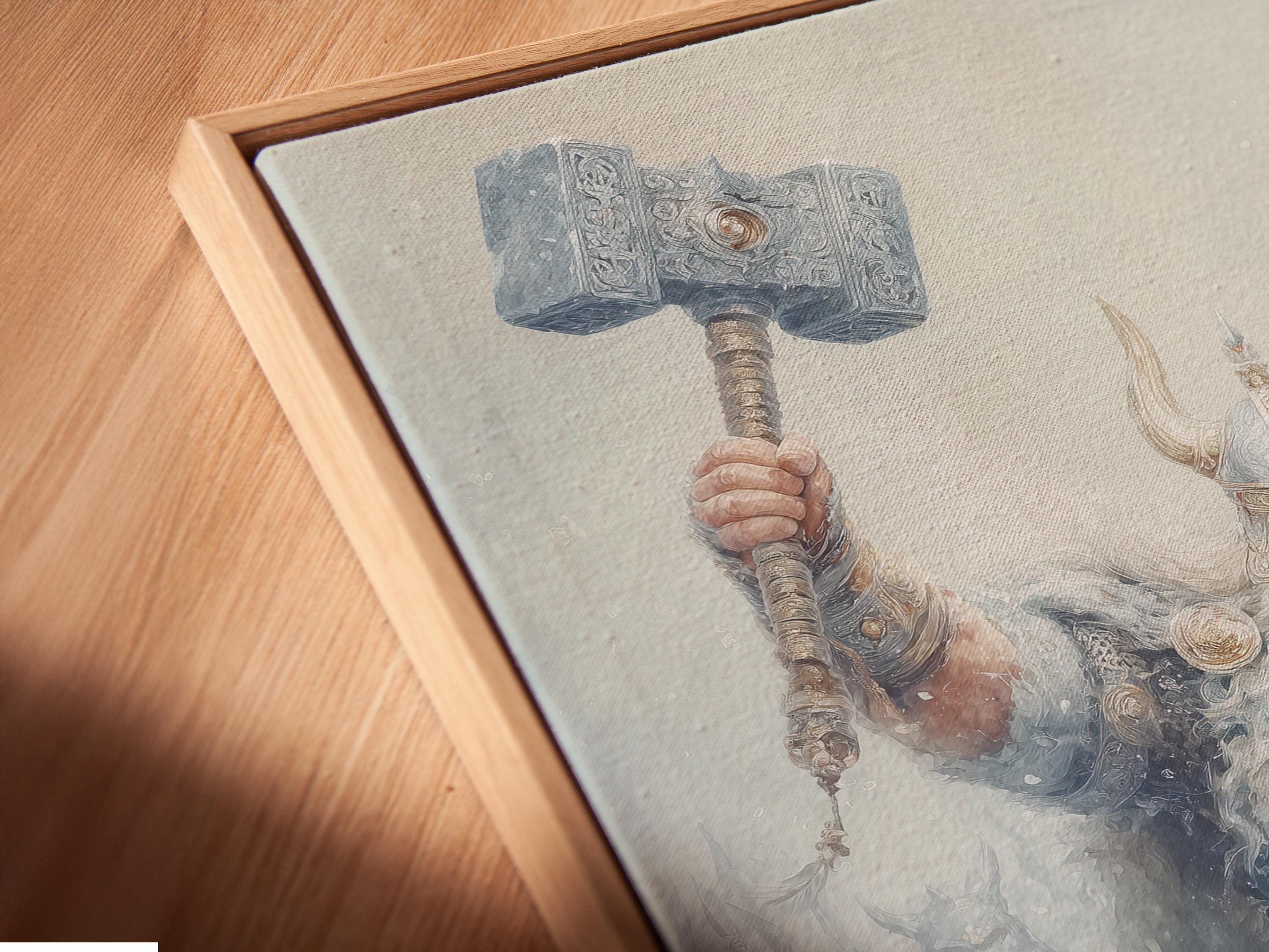 Misty Norse-style warrior holding a raised hammer in blue-grey tones with muted red accents detail view