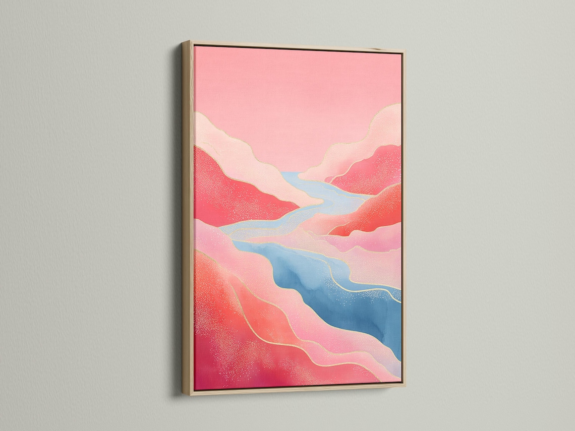 Pink and blue abstract landscape with a winding river and pale yellow contour lines detail view