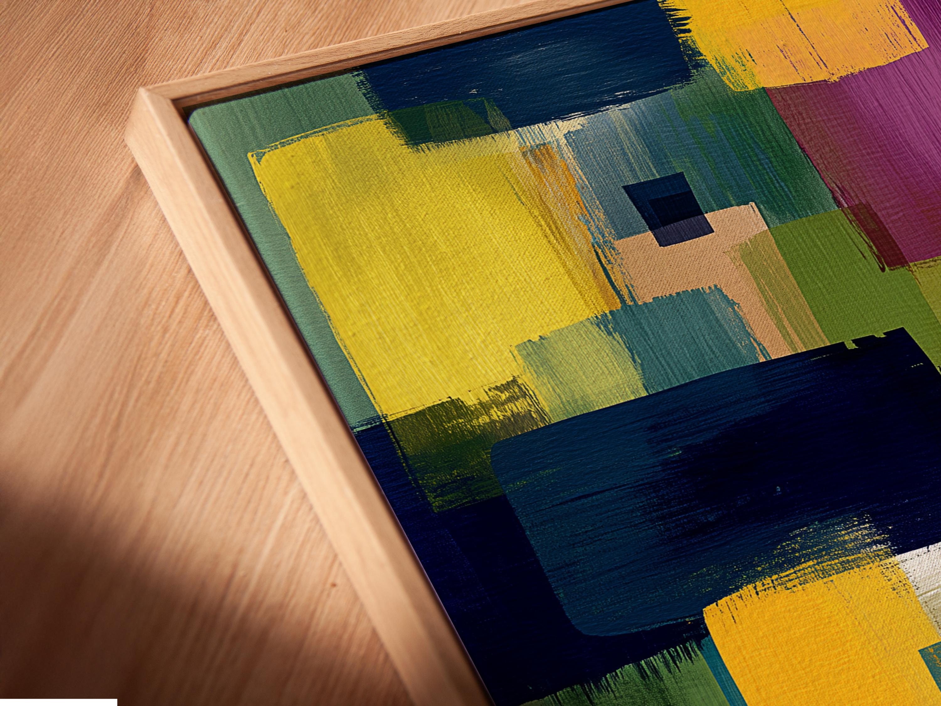 Geometric abstract artwork with overlapping blocks and squares in yellow, navy, green, and purple detail view