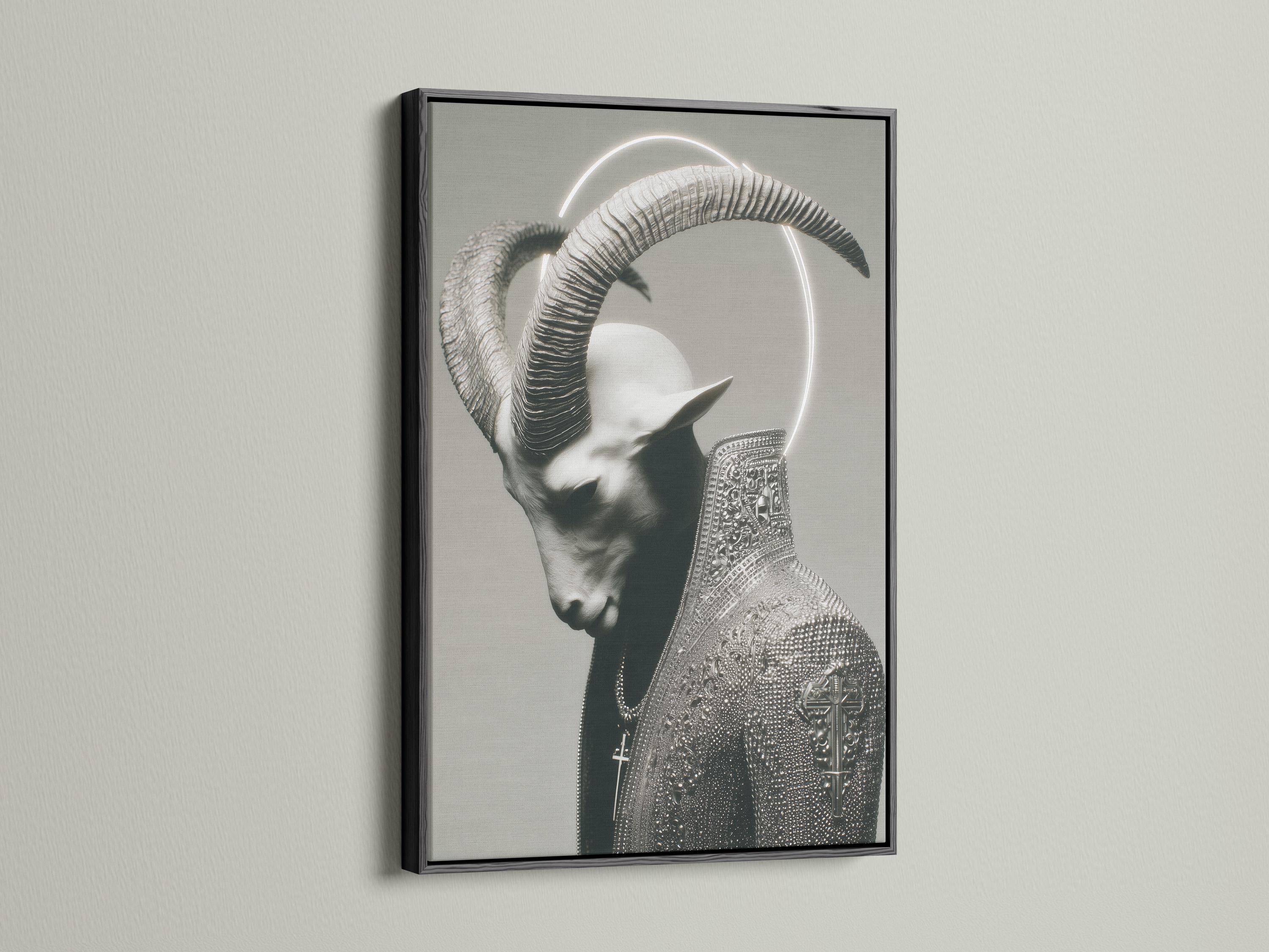 Monochrome horned figure portrait with a glowing halo ring and ornate patterned cloak detail view
