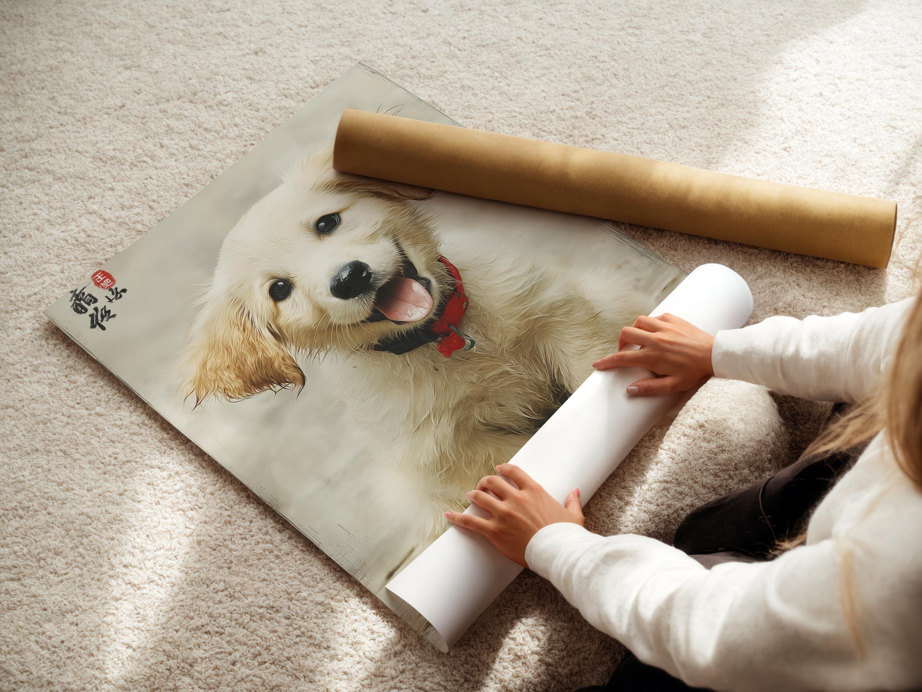 Golden retriever puppy portrait in cream and warm brown with a red bandana detail view