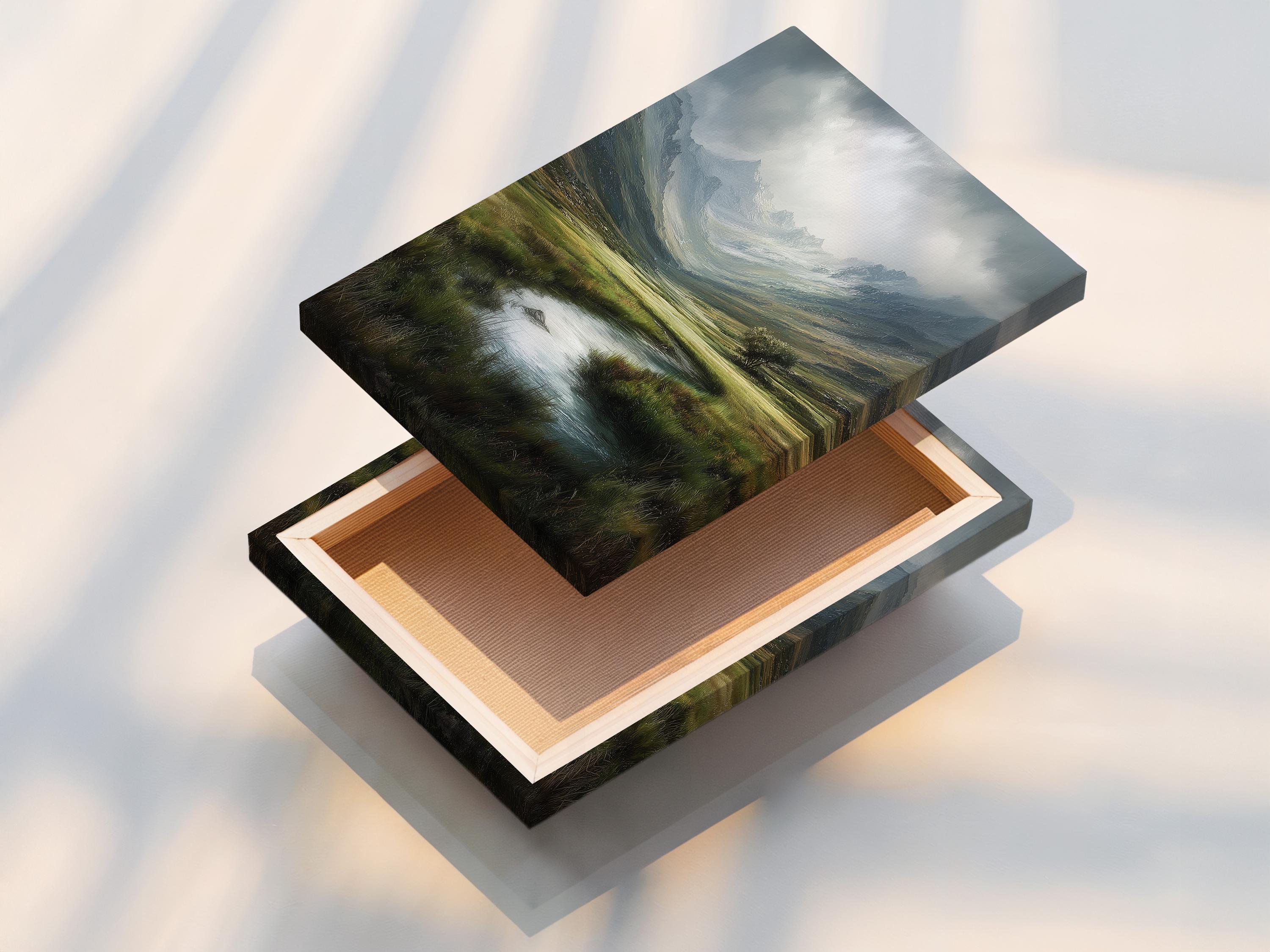Room mockup showing framed mountain valley landscape artwork