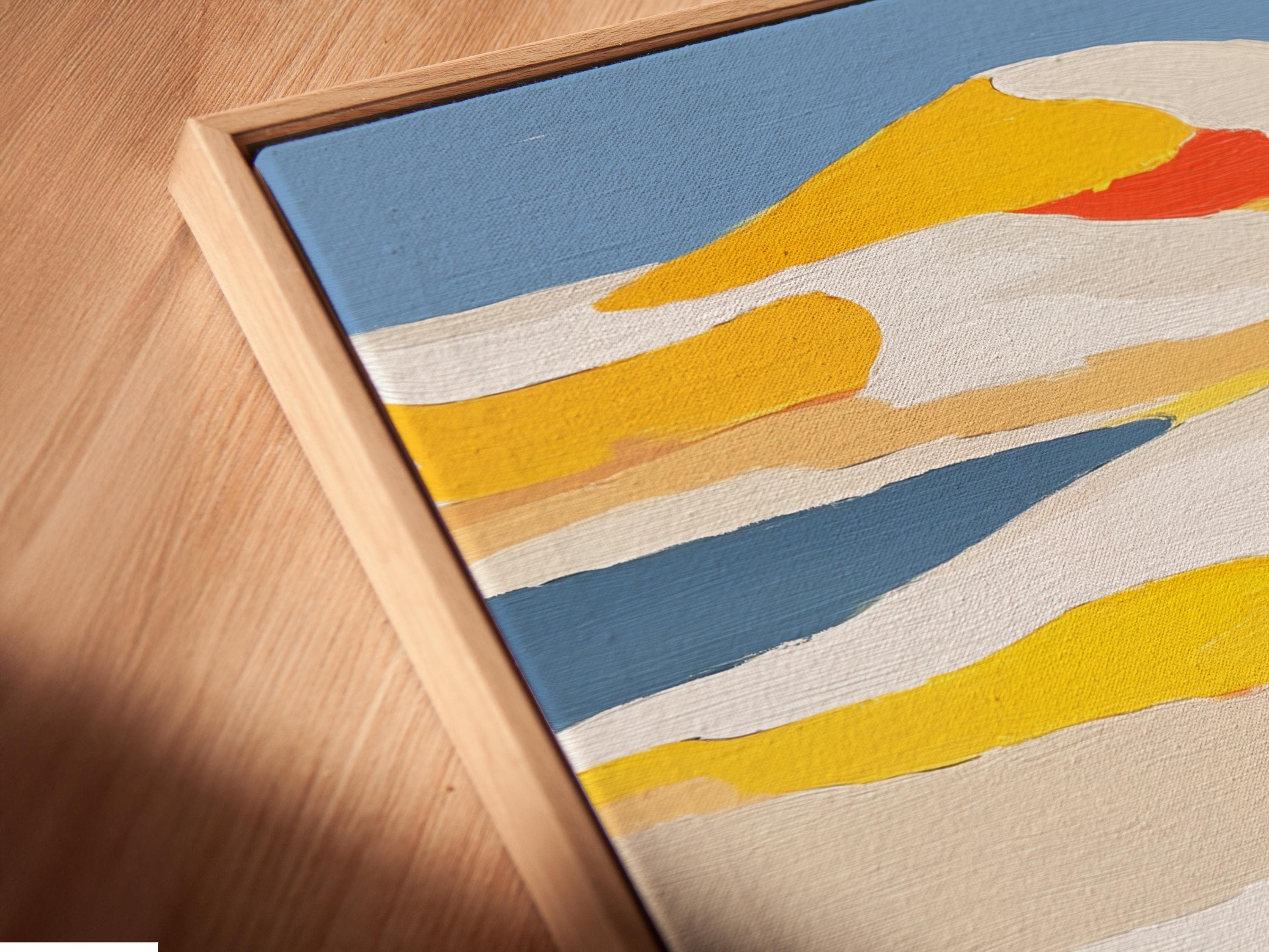 Room mockup featuring framed coastal beach artwork with a person walking away in yellow dunes