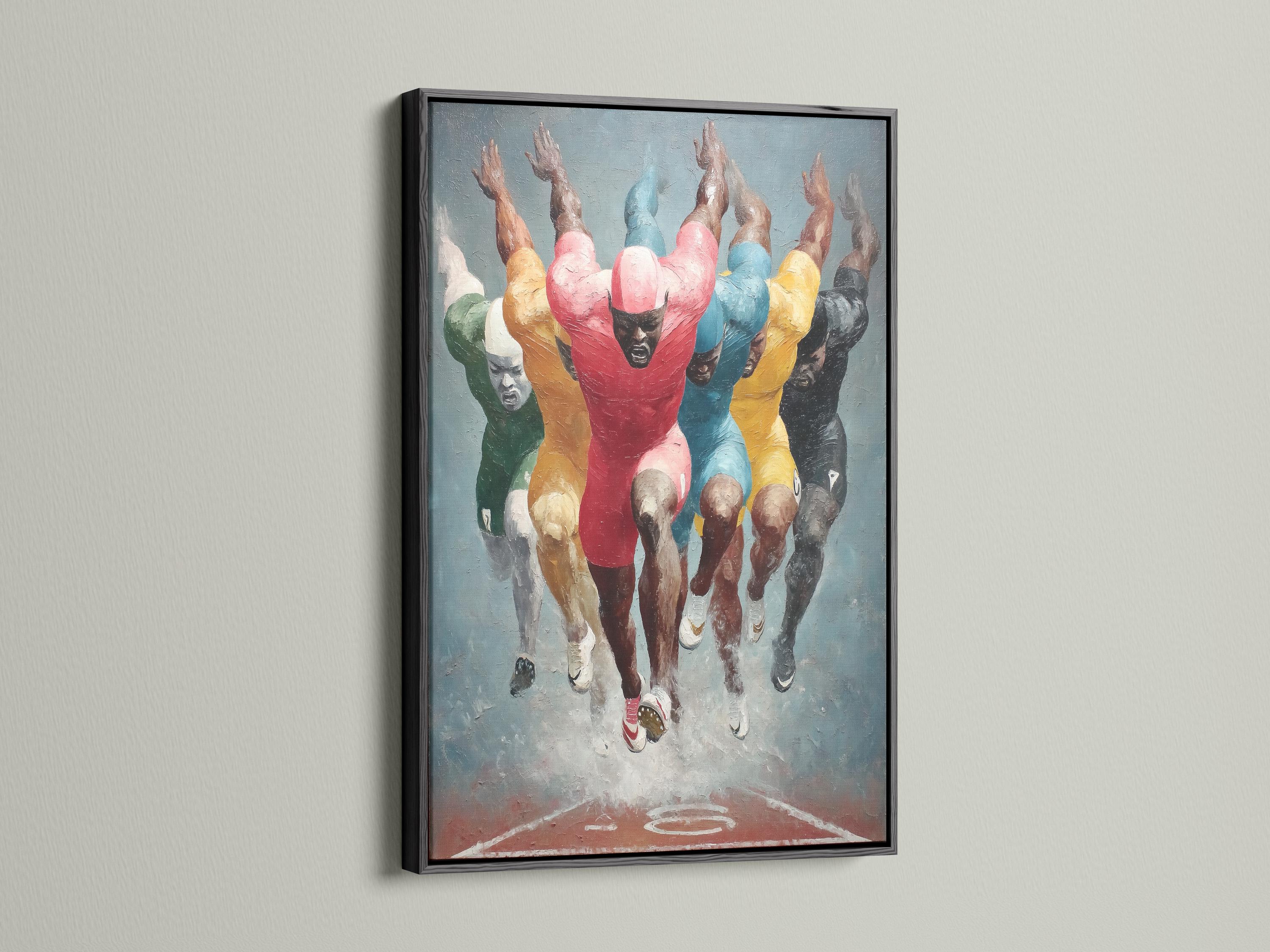 Colourful runners sprinting in a painterly style with a bright red central figure detail view