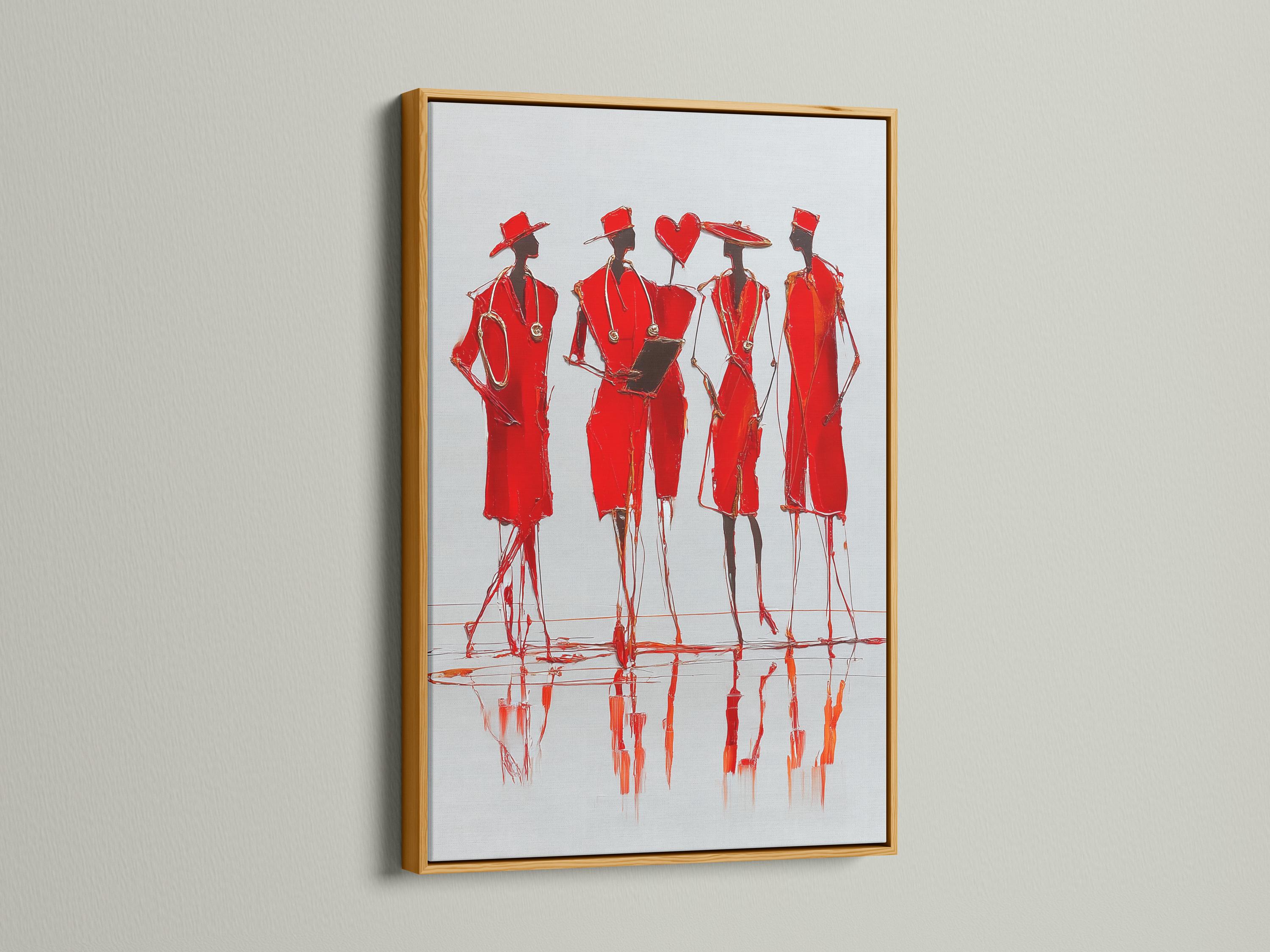 Stylised group of red fashion figures in hats with sketchy outlines and mirrored red reflections detail view