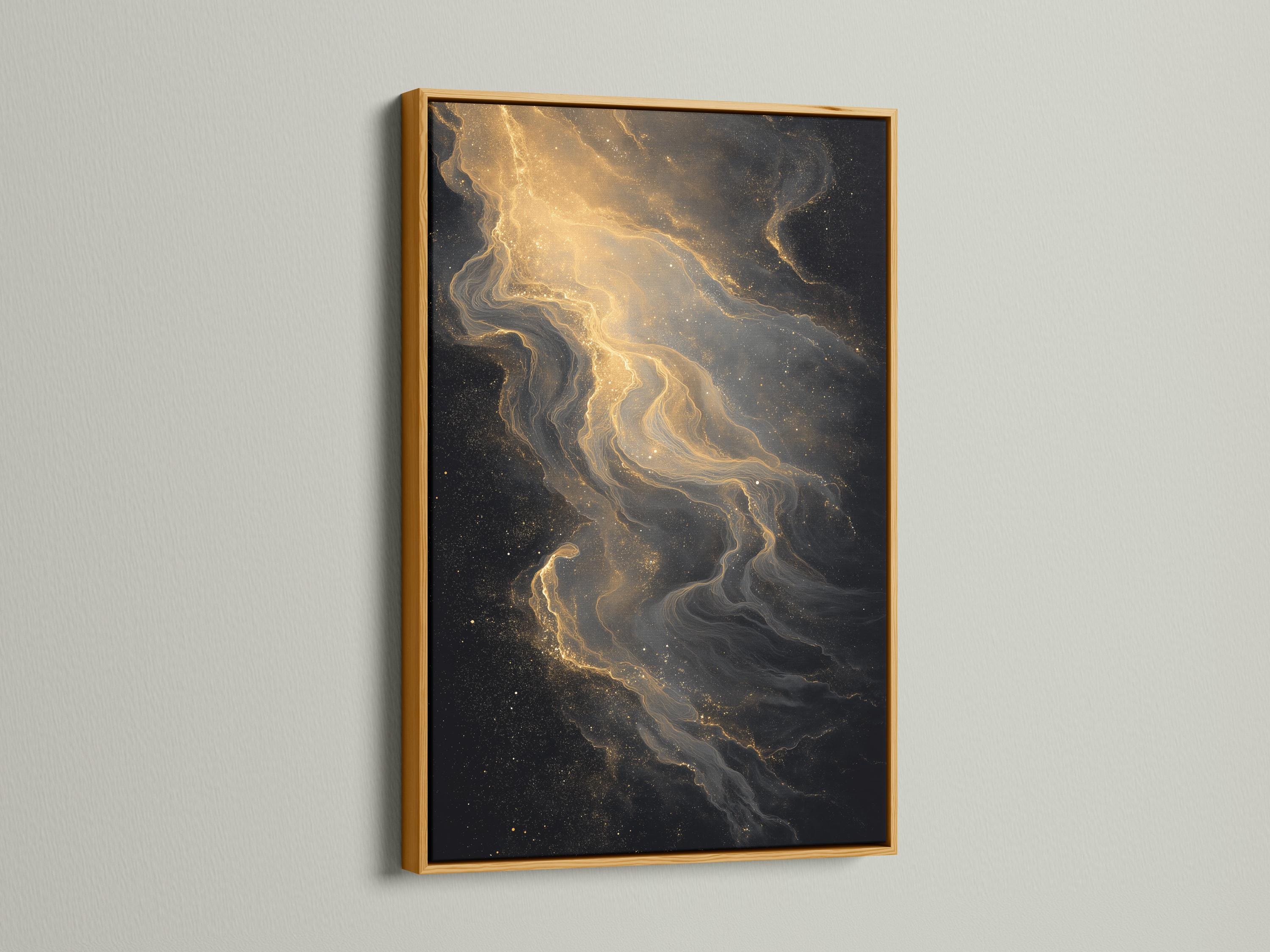 Room mockup showing a framed black and gold abstract artwork with gold dust trails
