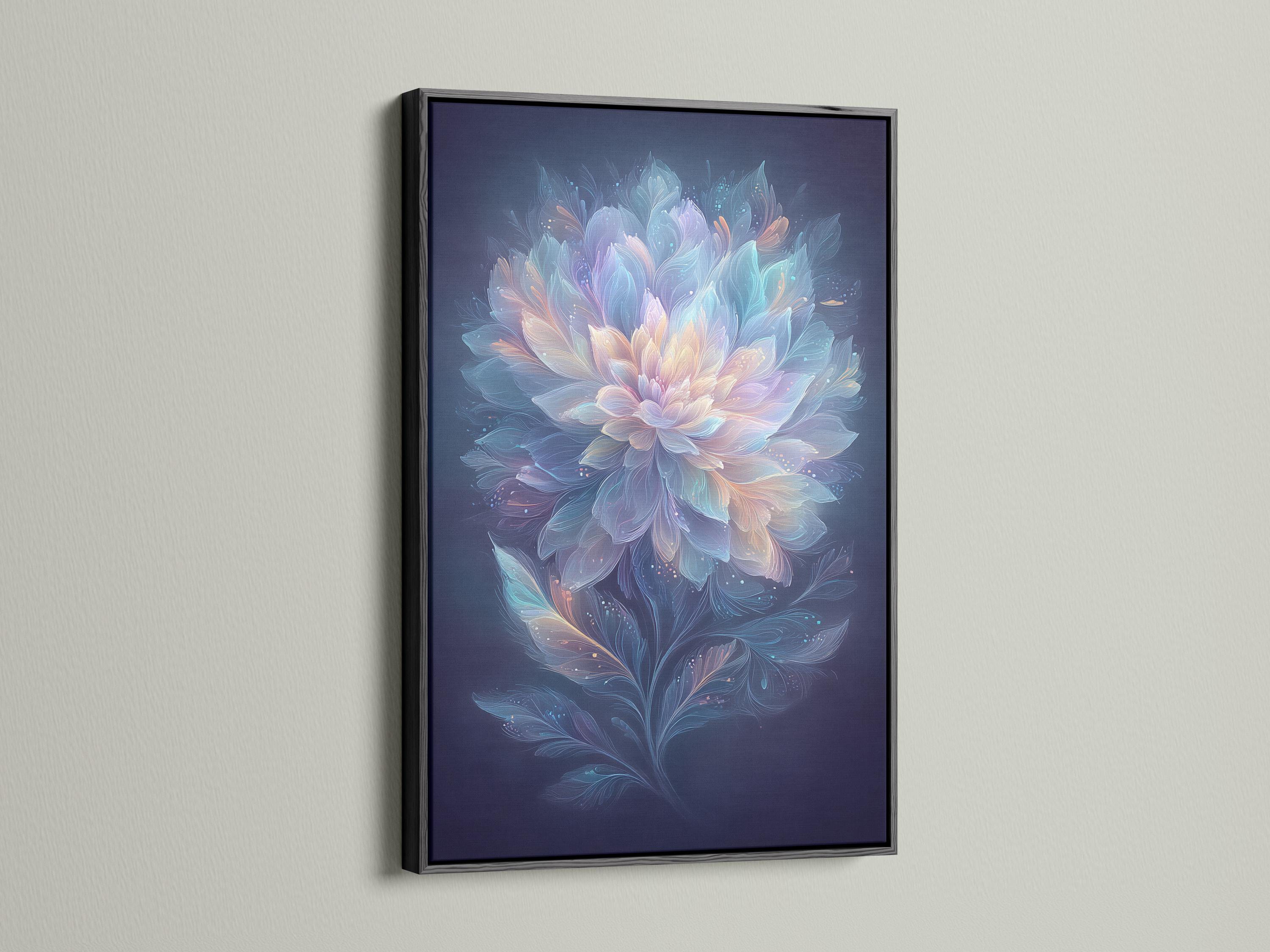 Wall mockup showing a framed floral artwork with pastel petals on deep navy blue