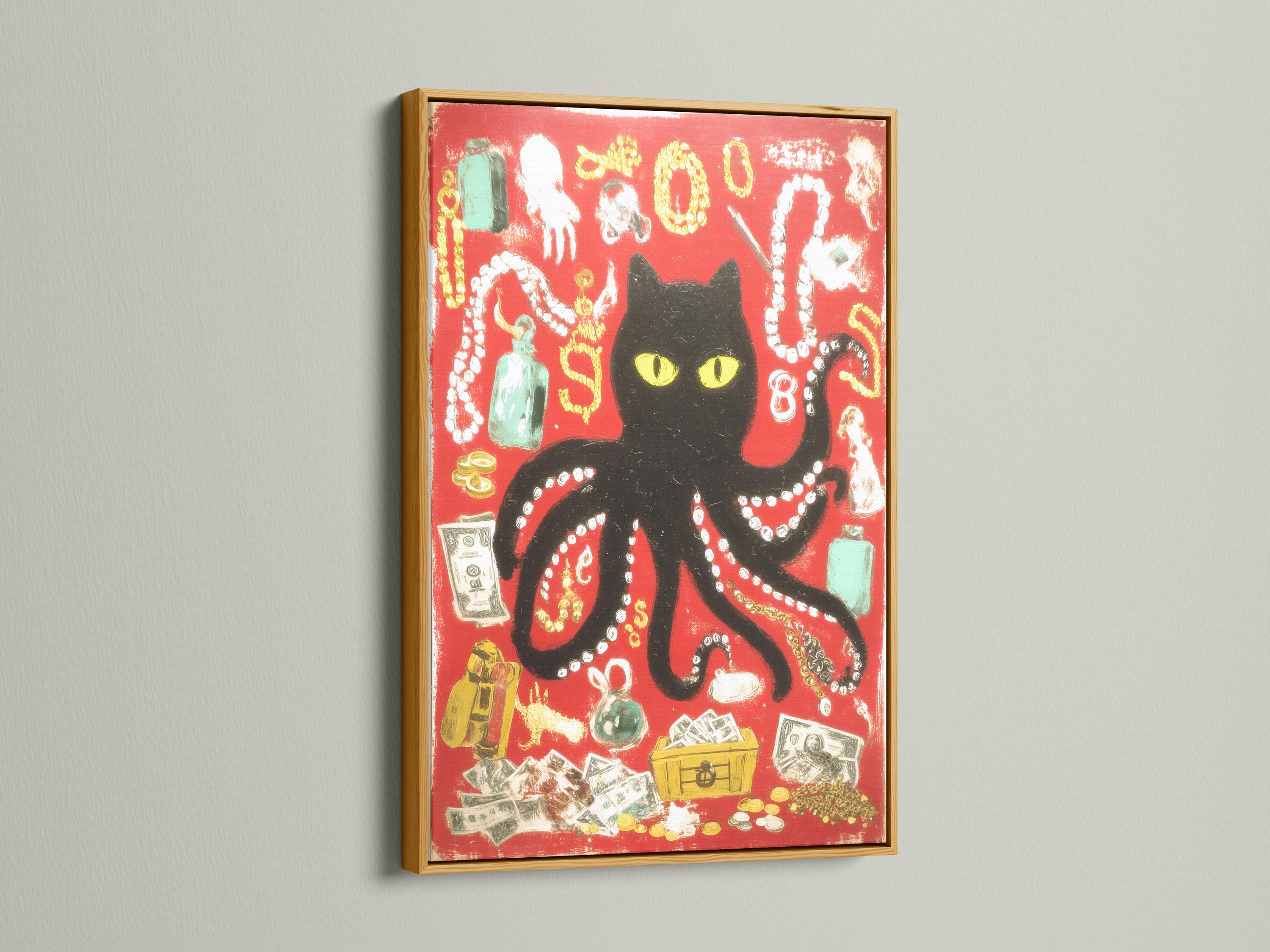 Black cat with yellow eyes in a red octopus-like animal collage with gold and bead-like details detail view