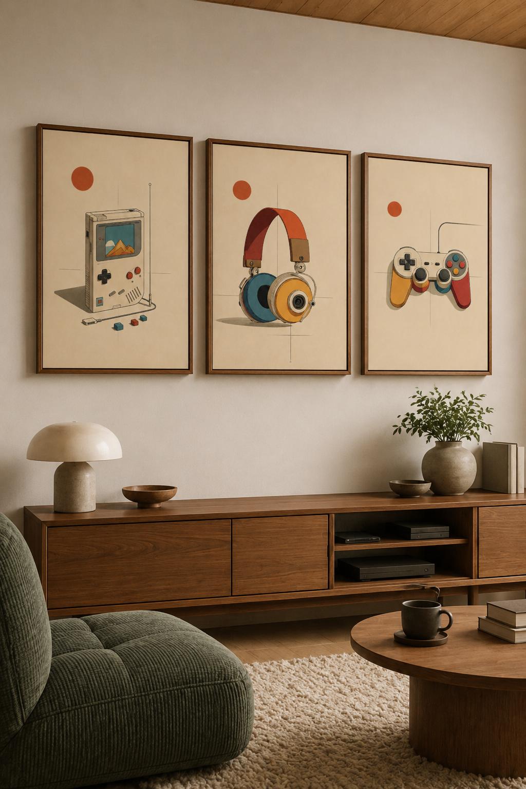 Room mockup with three retro gaming prints on the wall above a sofa