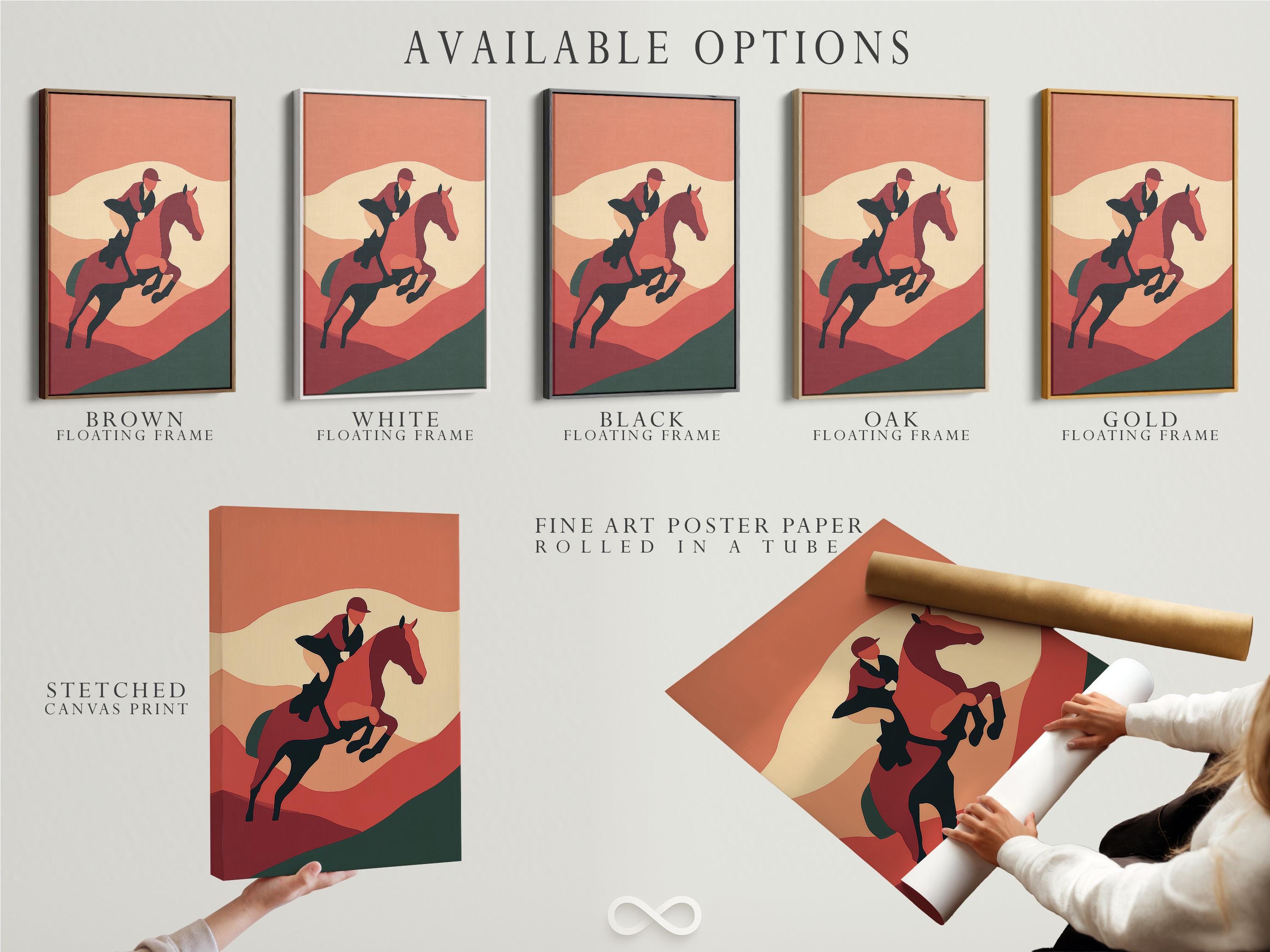 Room mockup showing framed horse and rider artwork in terracotta tones