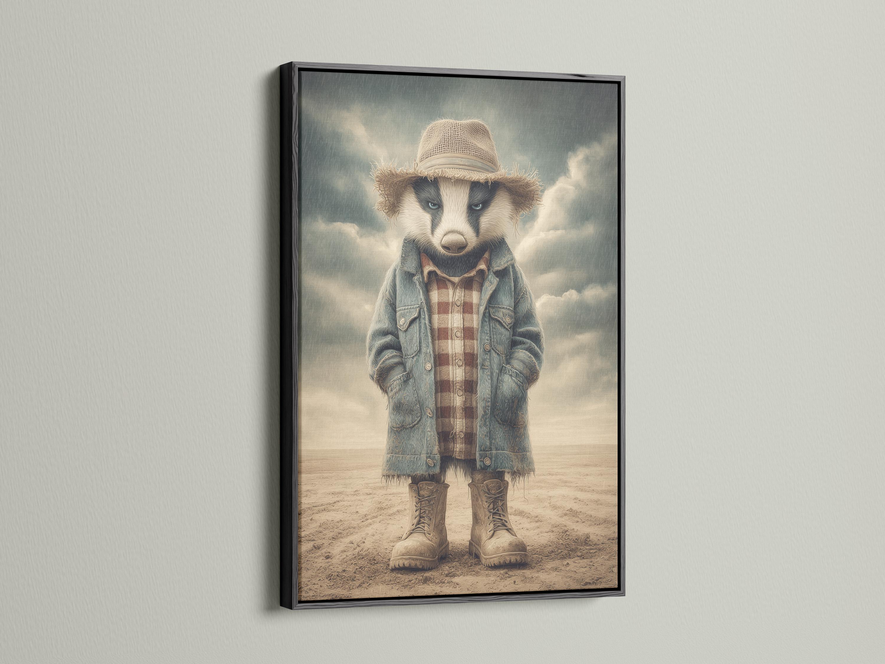 Stylised badger character wearing a straw hat and denim jacket in a sandy western scene detail view