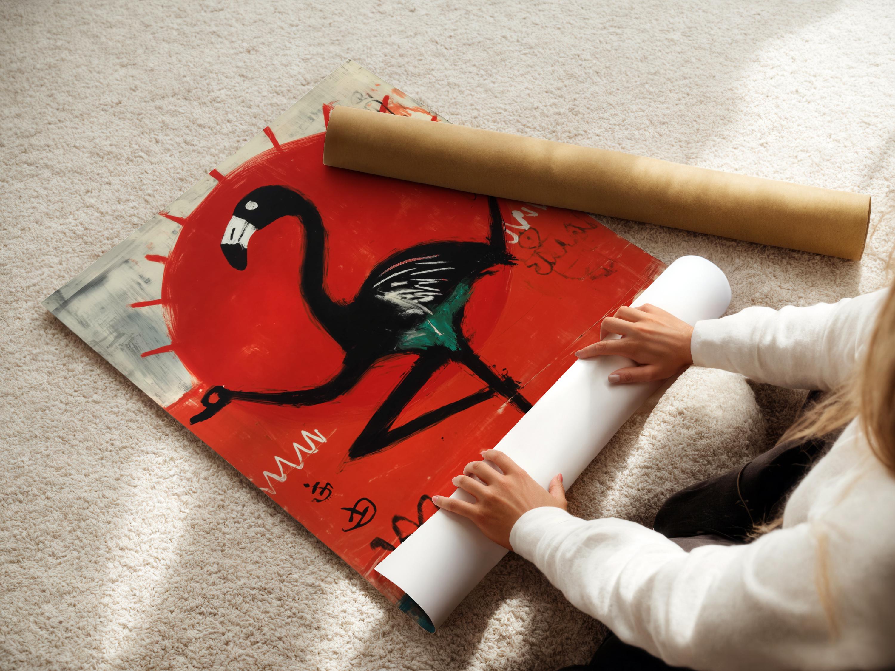 Stylised black flamingo beneath a large red sun over teal-blue and grey abstract marks detail view
