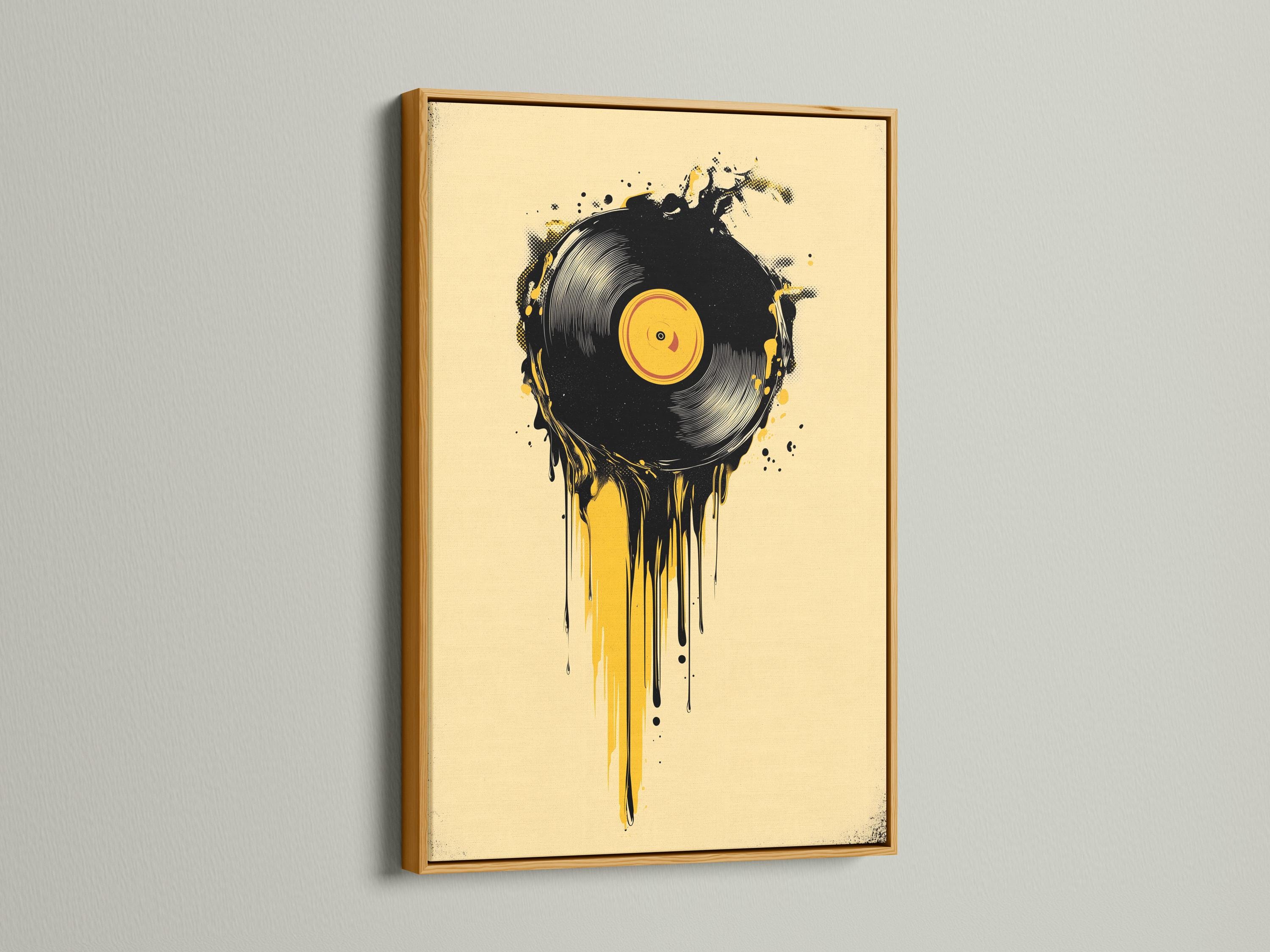 Room mockup showing a framed black and yellow vinyl record illustration with drip and splatter details