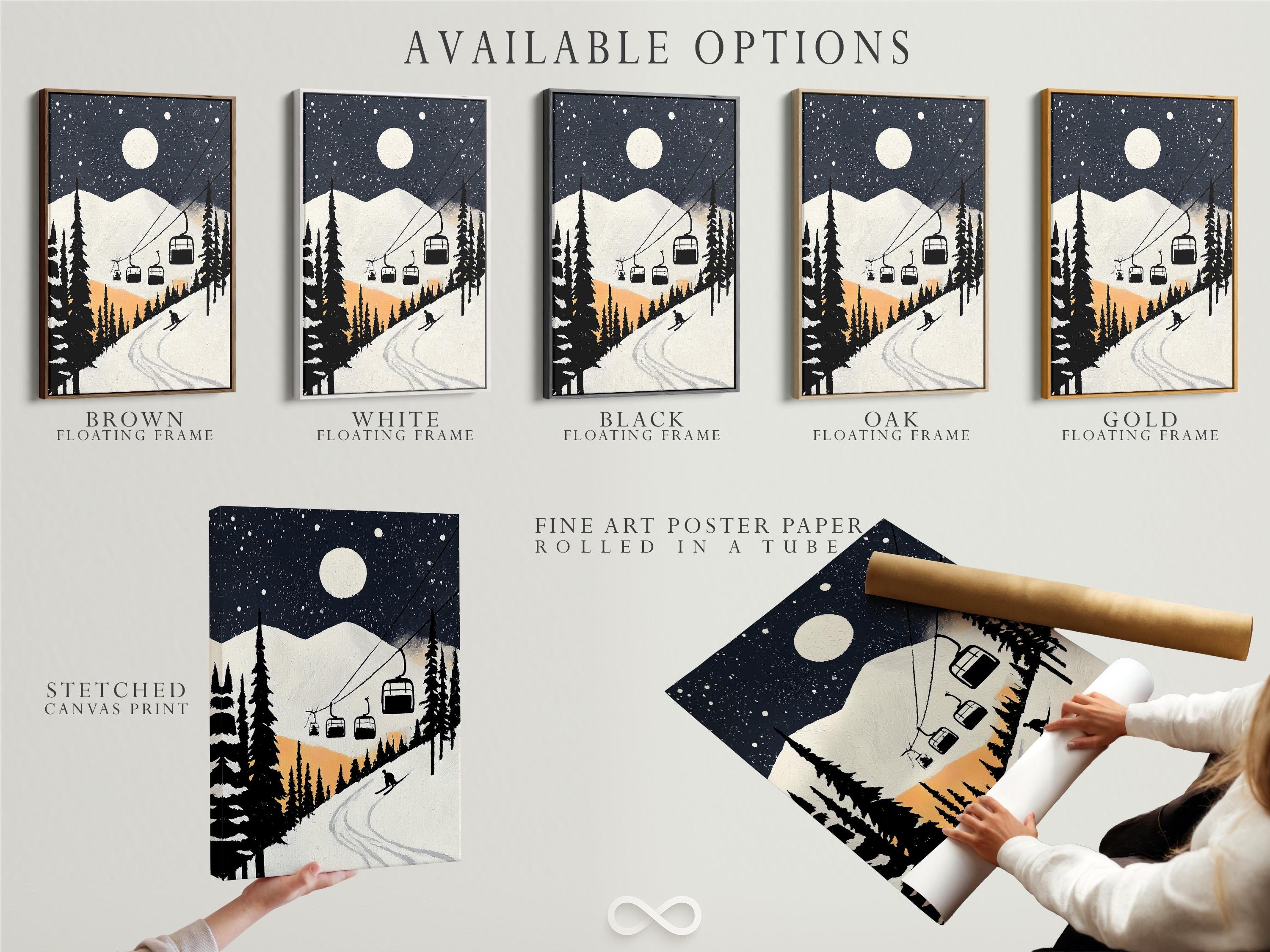 Moonlit snowy ski-lodge artwork mockup with dark pines, falling snow, chairlift cabins and a winding ski track