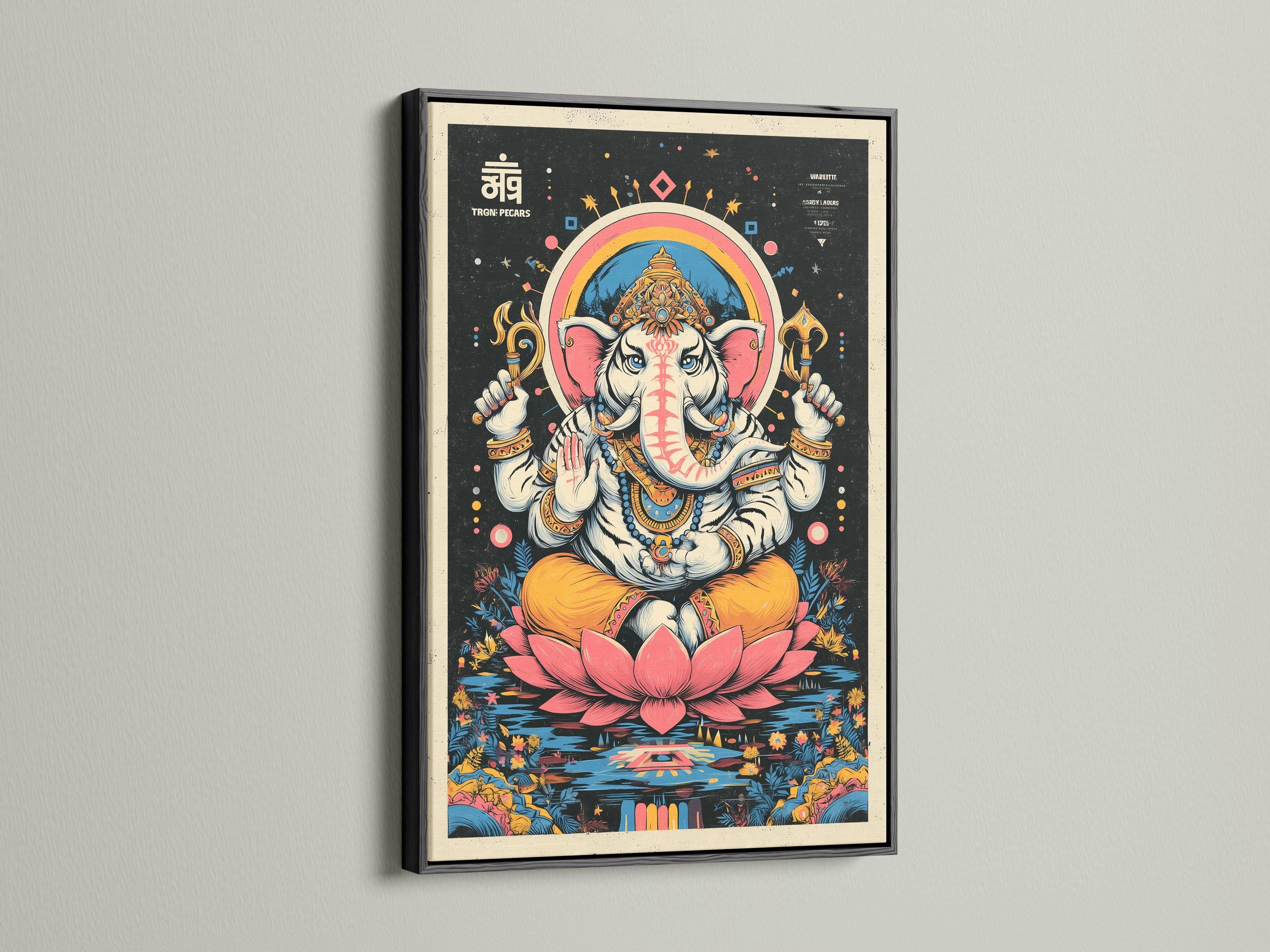 Colourful elephant-headed deity seated above a pink lotus on a dark starry background detail view