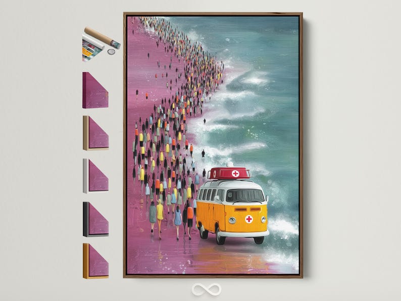 Retro beach rain scene with a yellow bus, a red emergency van and teal sea waves