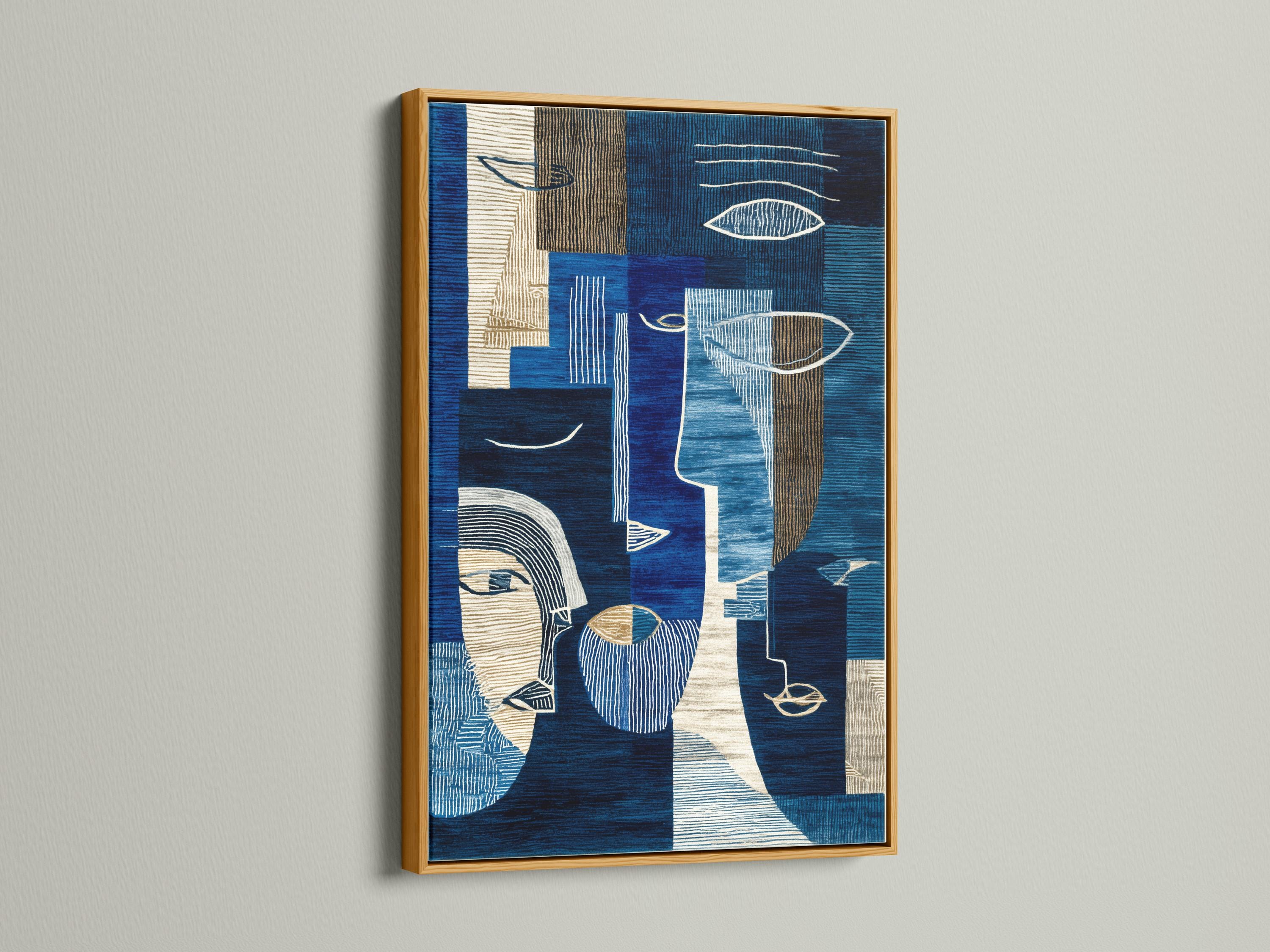 Indigo abstract faces artwork with navy, cream and gold geometric line patterns detail view