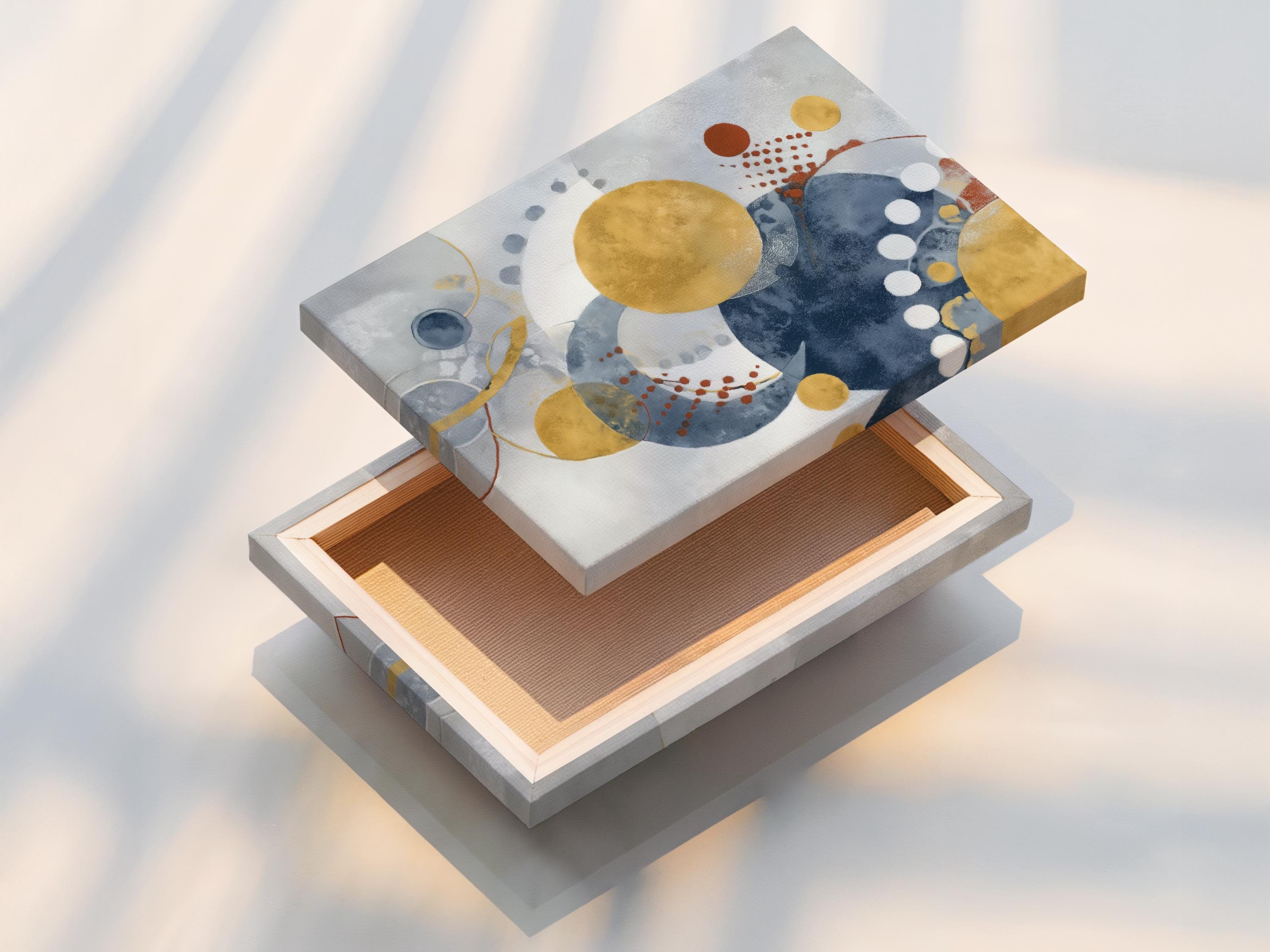 Abstract navy blue and mustard gold circle artwork shown in a framed mockup on a light background