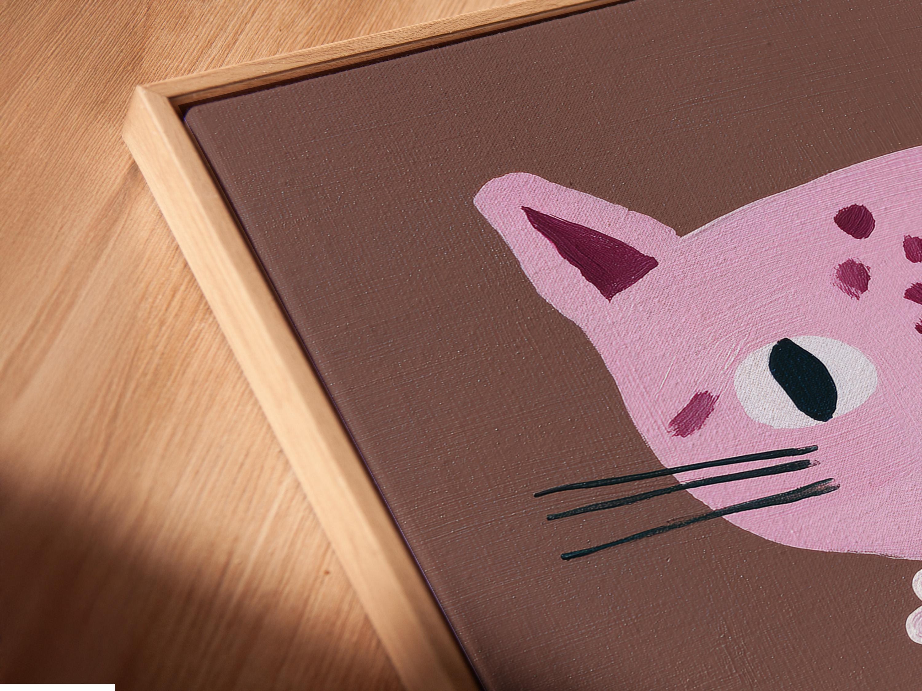 Portrait of a pink cat with large eyes and a white and pink rosette collar on a taupe background detail view