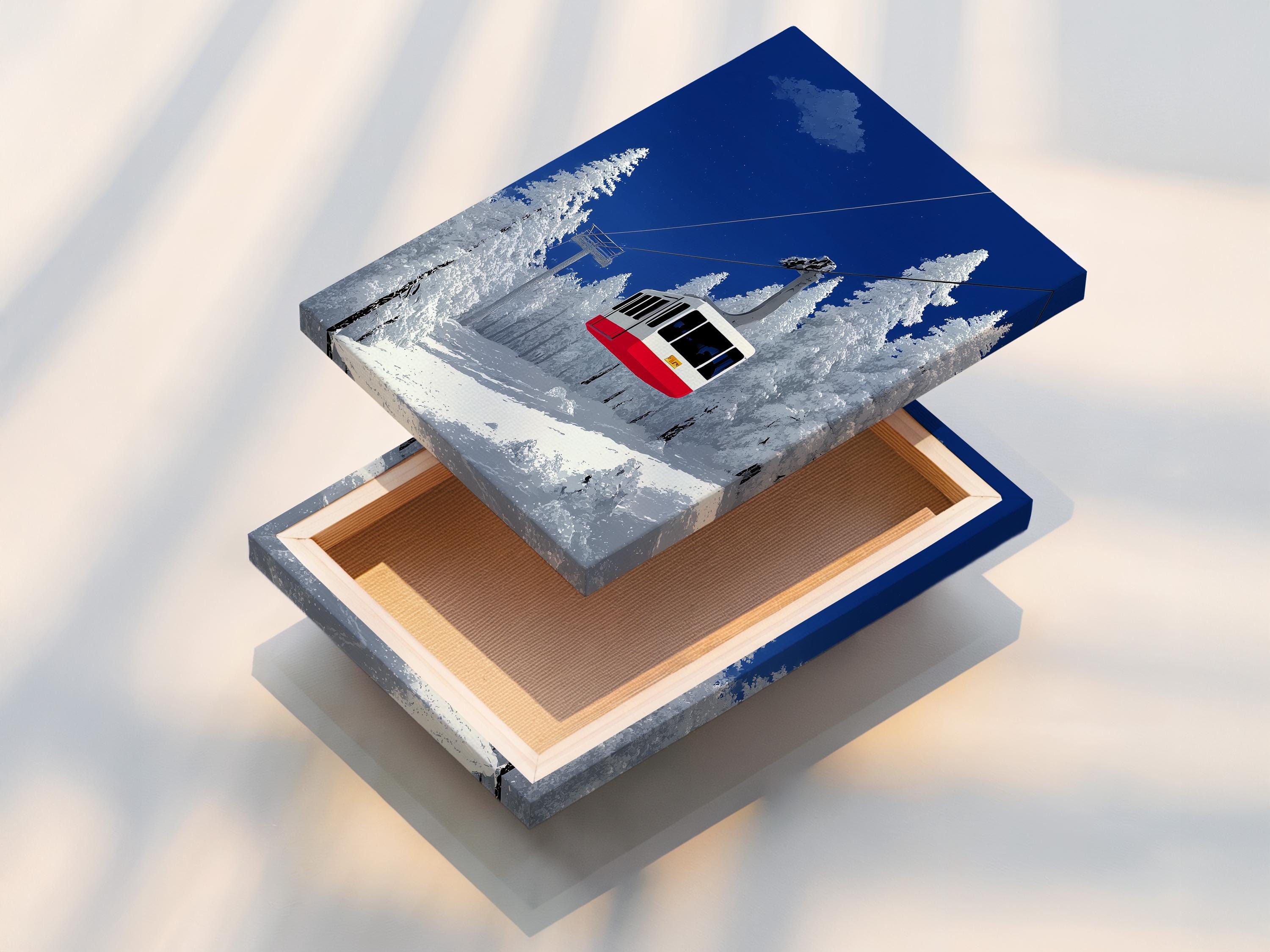 Snowy mountain cable car scene with diagonal cables, deep blue sky, pine trees and a red gondola detail view