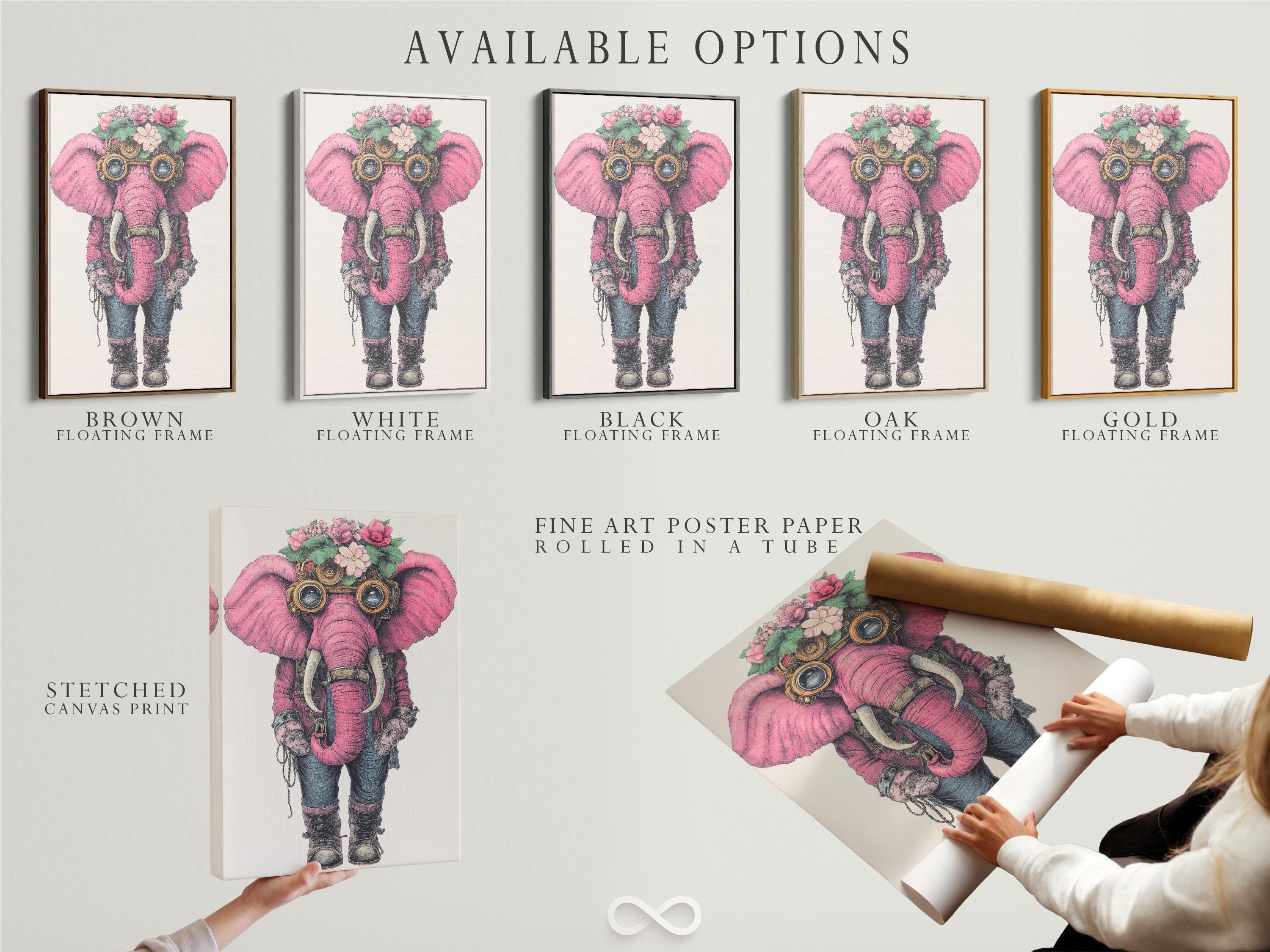 Wall art mockup showing a framed pink elephant illustration with steampunk goggles