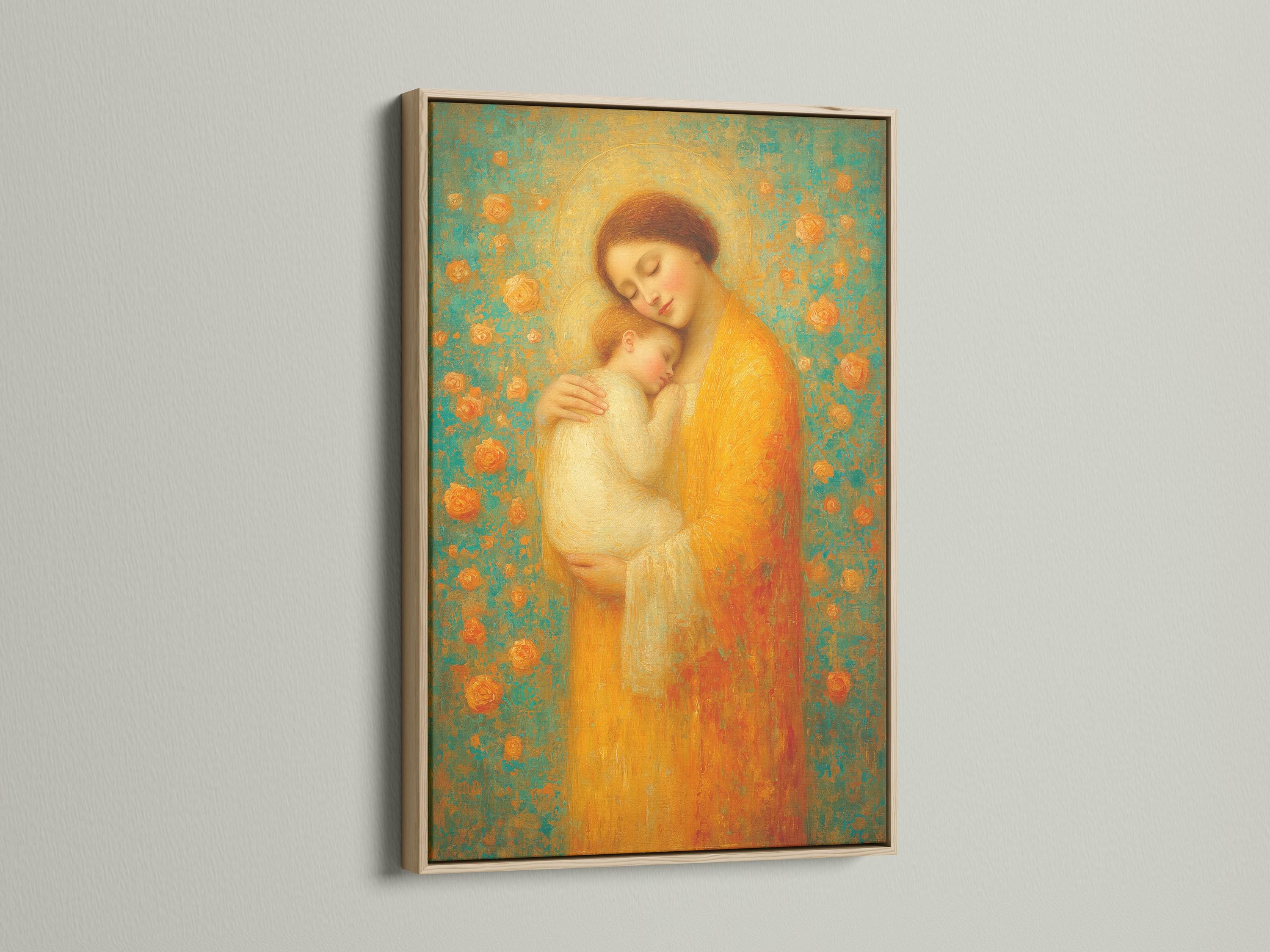 Warm gold mother holding a sleeping baby with halo against a teal patterned background detail view