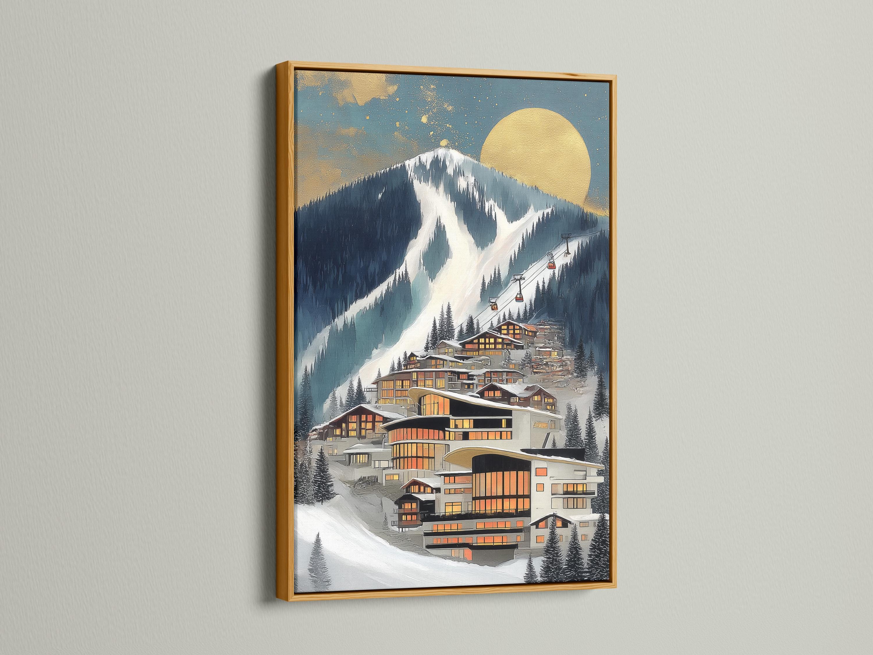 A winter mountain village scene shows warm chalet buildings below a snowy slope and a large sun, with a ski lift line and scattered pine trees detail