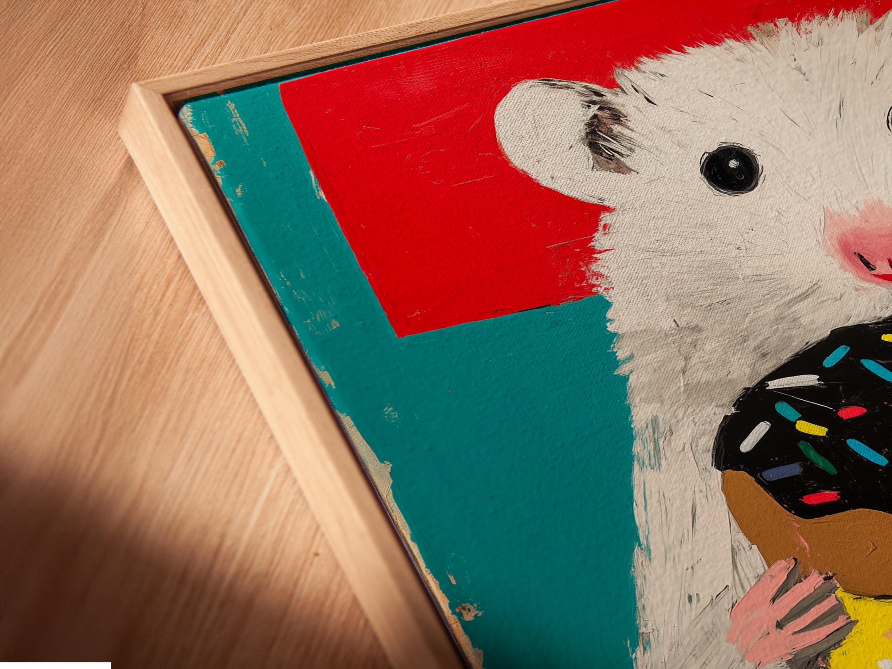 Playful hamster holding a doughnut stack with colourful sprinkles against a red and teal background detail view