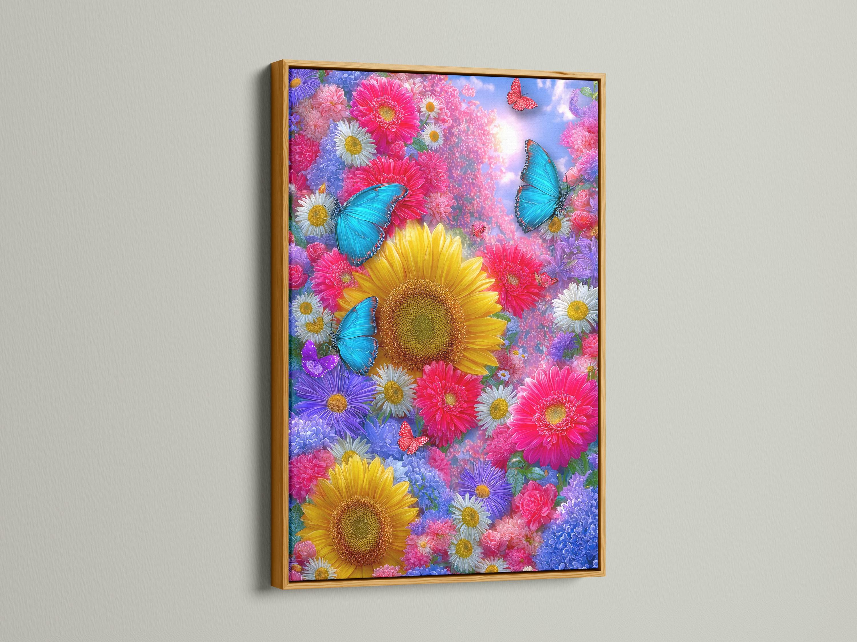 Framed butterfly and sunflower floral artwork mockup on a neutral background