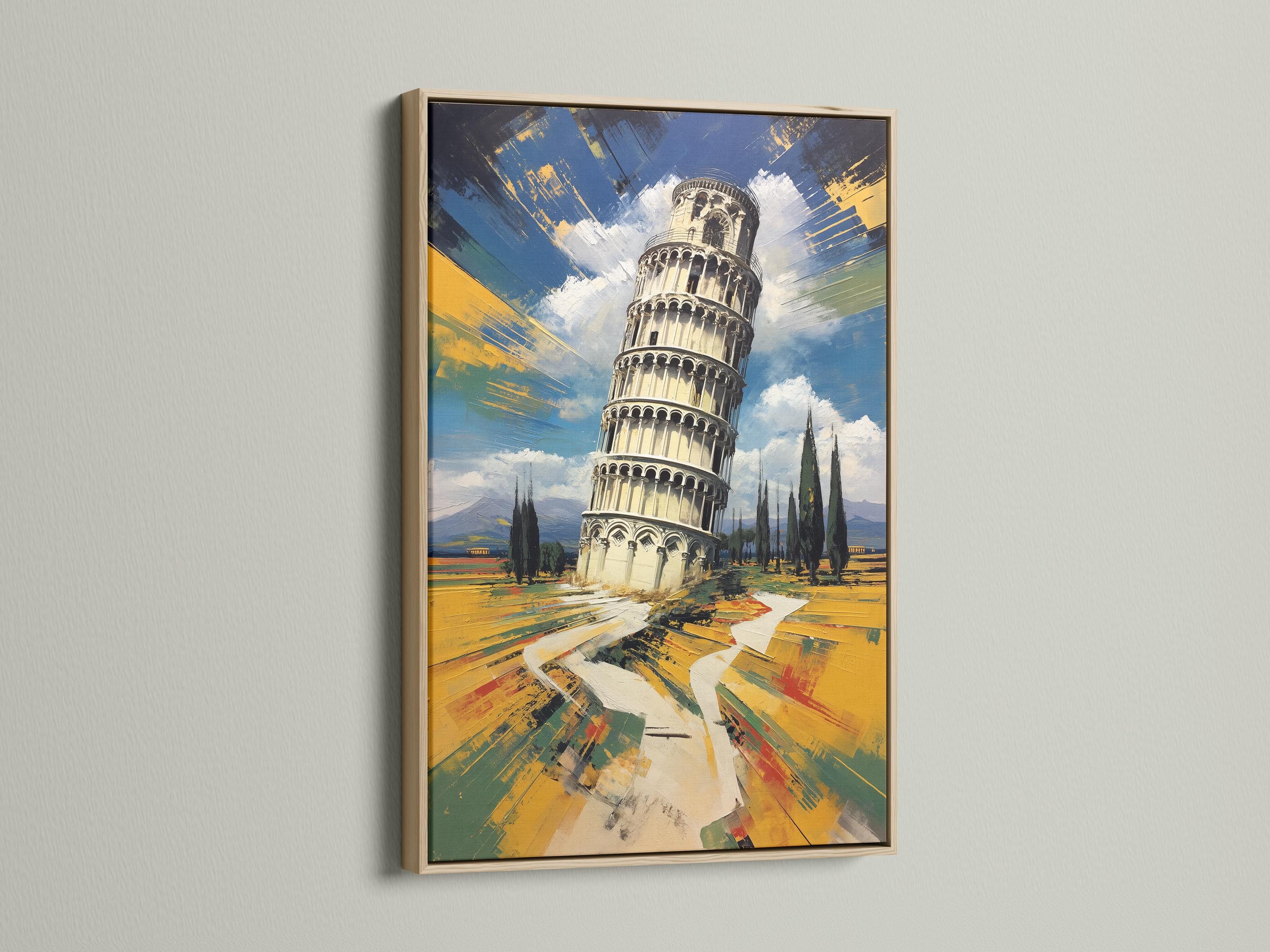 Man standing by a framed Leaning Tower of Pisa painting in an office-like room