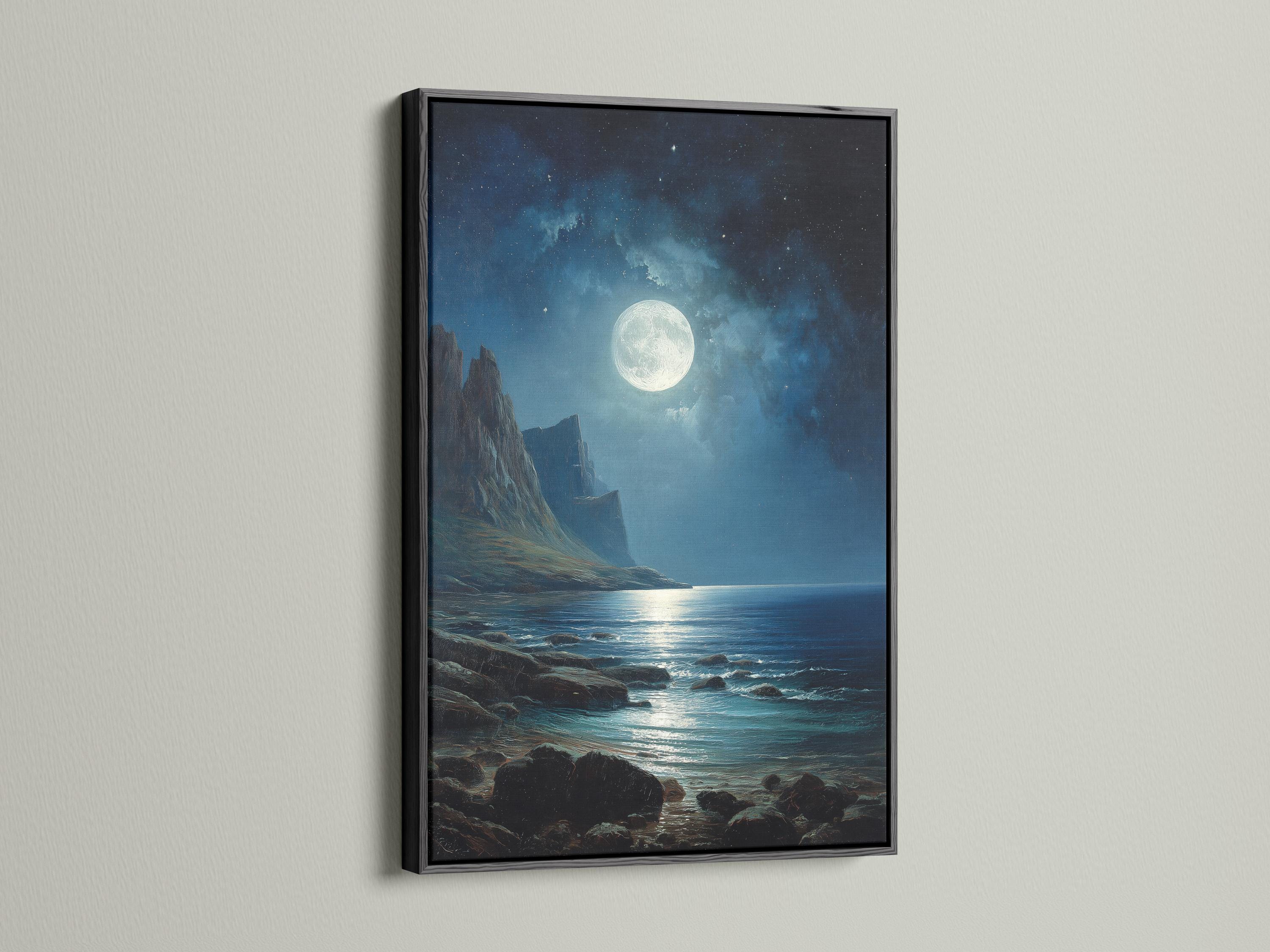 Moonlit ocean seascape with dark cliffs, starry night sky and glowing full moon detail view