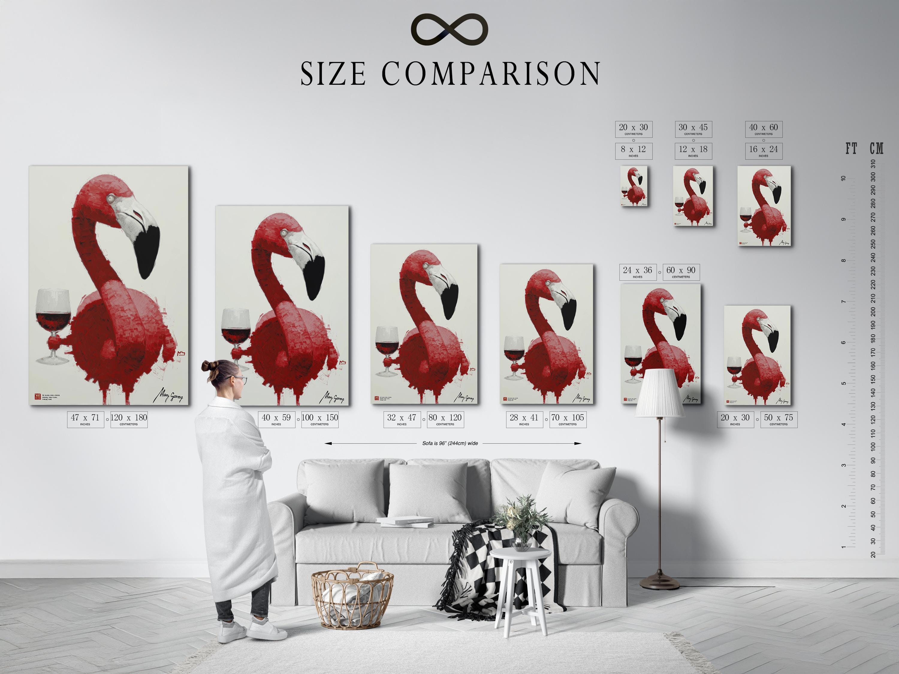 Framed artwork mockup of a pink flamingo with a wine glass