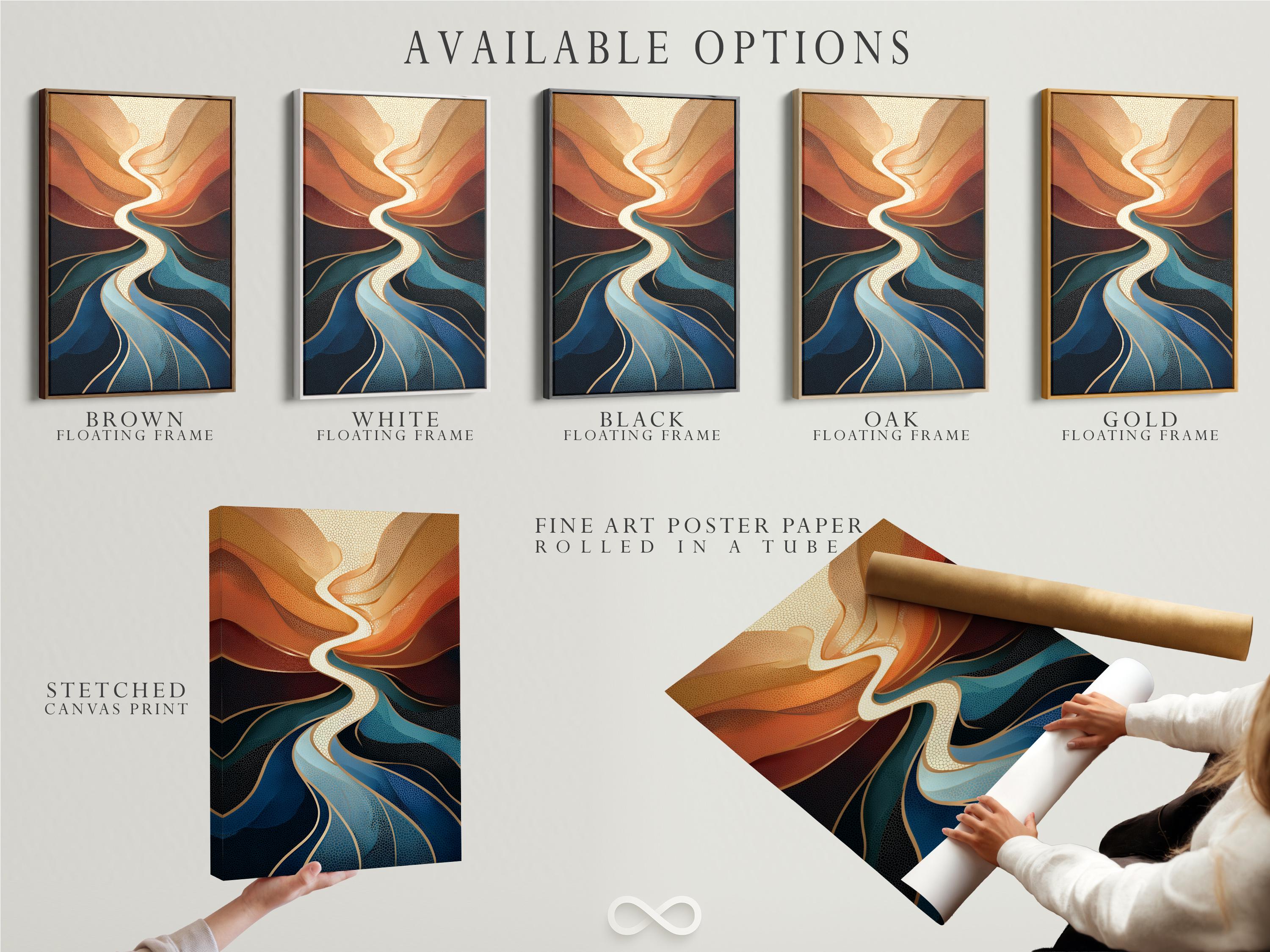 Abstract river design with swirling cream lines, terracotta and deep blue textured shapes detail view