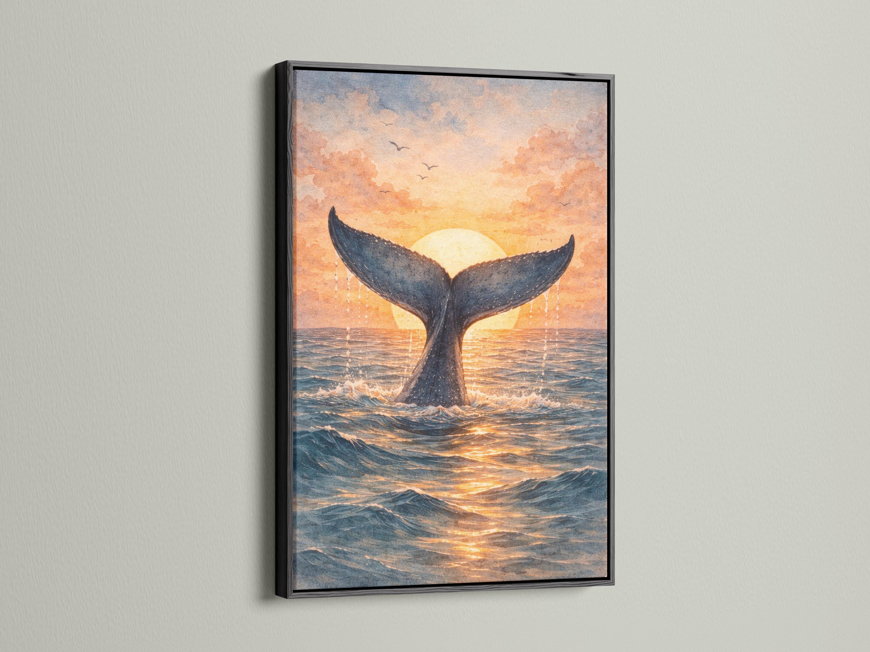 Whale tail sunset artwork hanging in a coastal cafe setting with signs and shelves