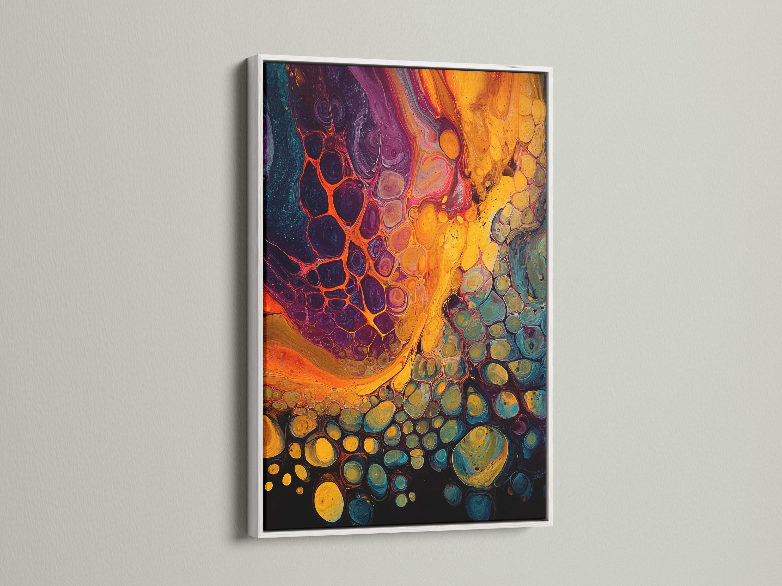 Abstract fluid artwork with gold, purple, teal and orange flowing bubble-like shapes detail view