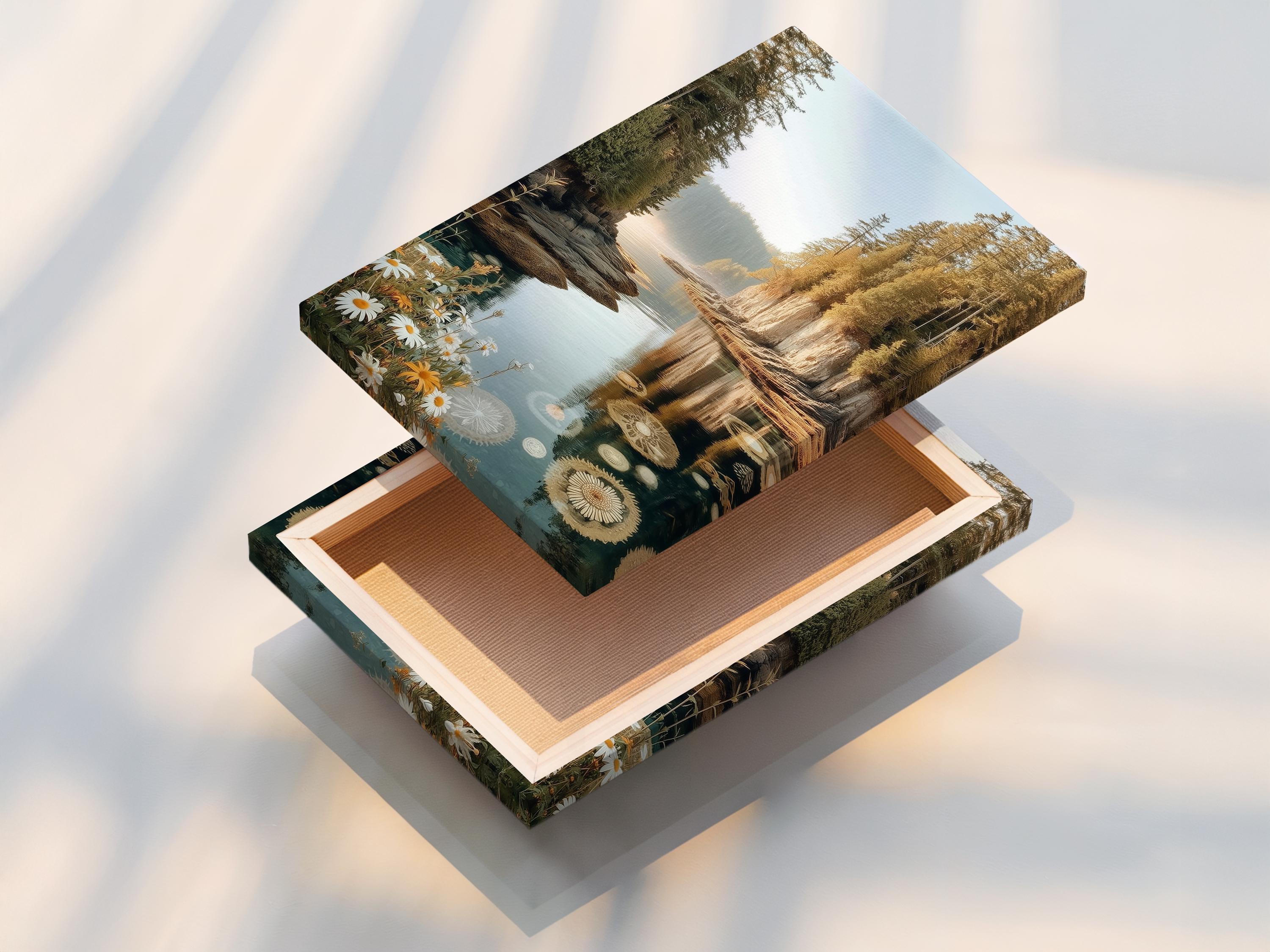 Wall mockup showing framed lake reflection artwork with wildflowers on a white background