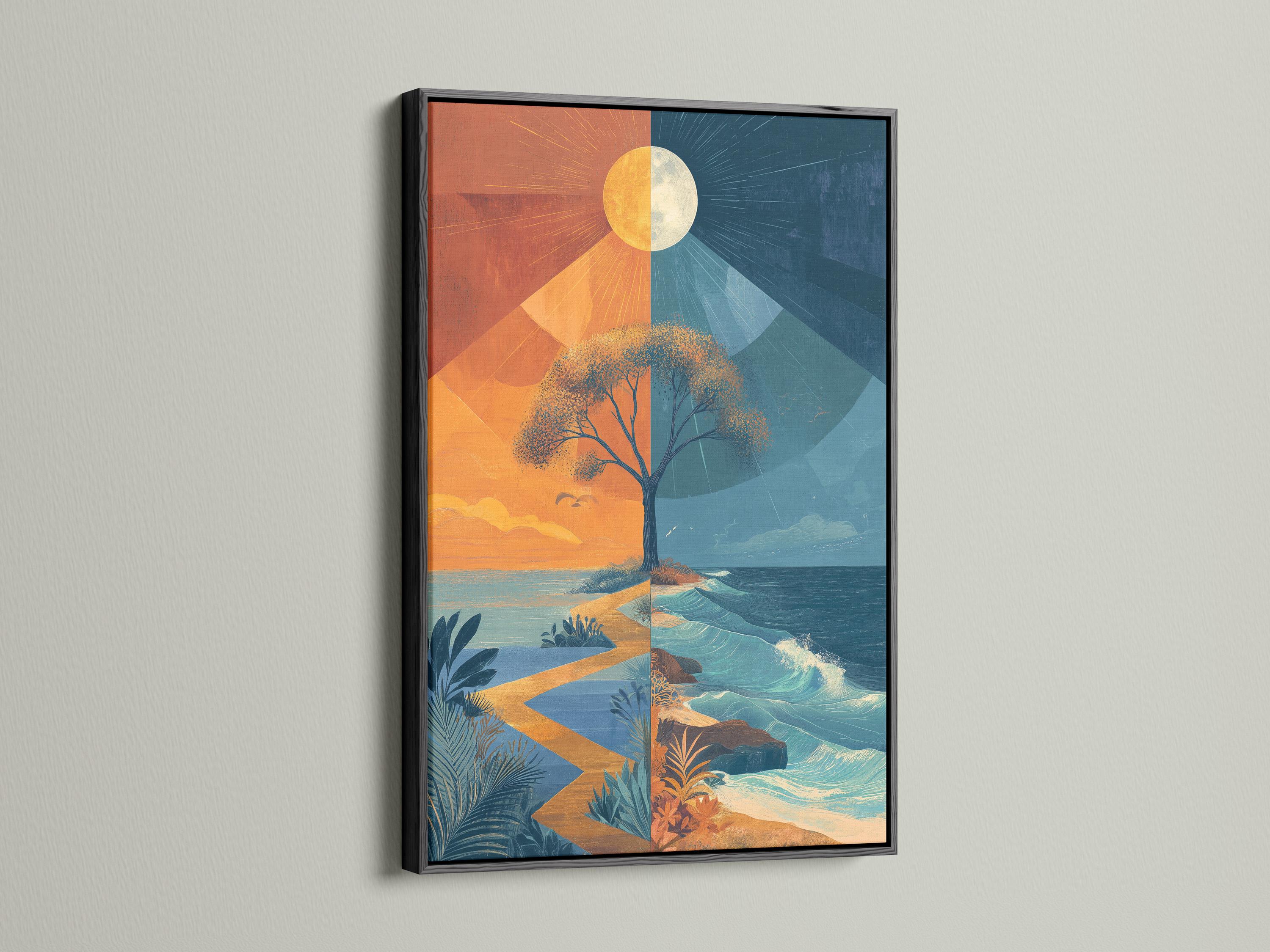 Stylised tree in a geometric split seascape with orange sky and blue ocean waves detail view