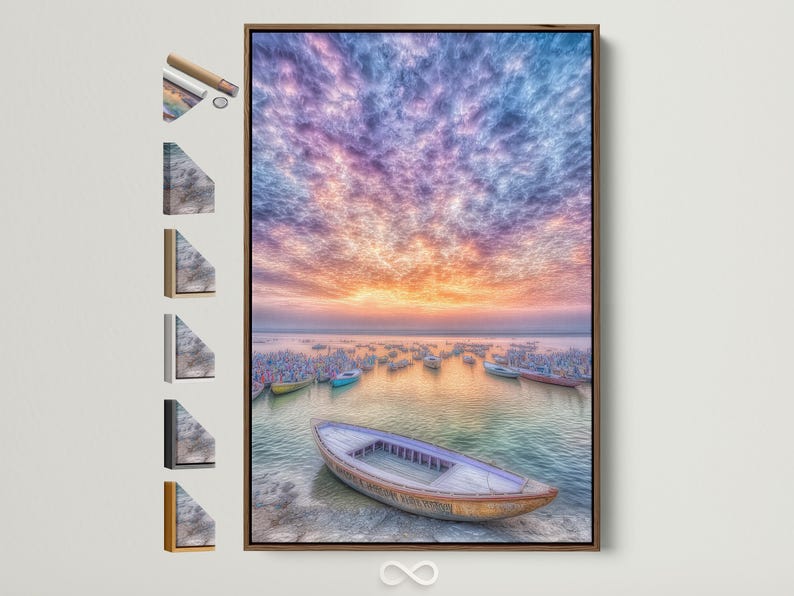 Harbour sunset scene with boats and swirling purple-blue clouds