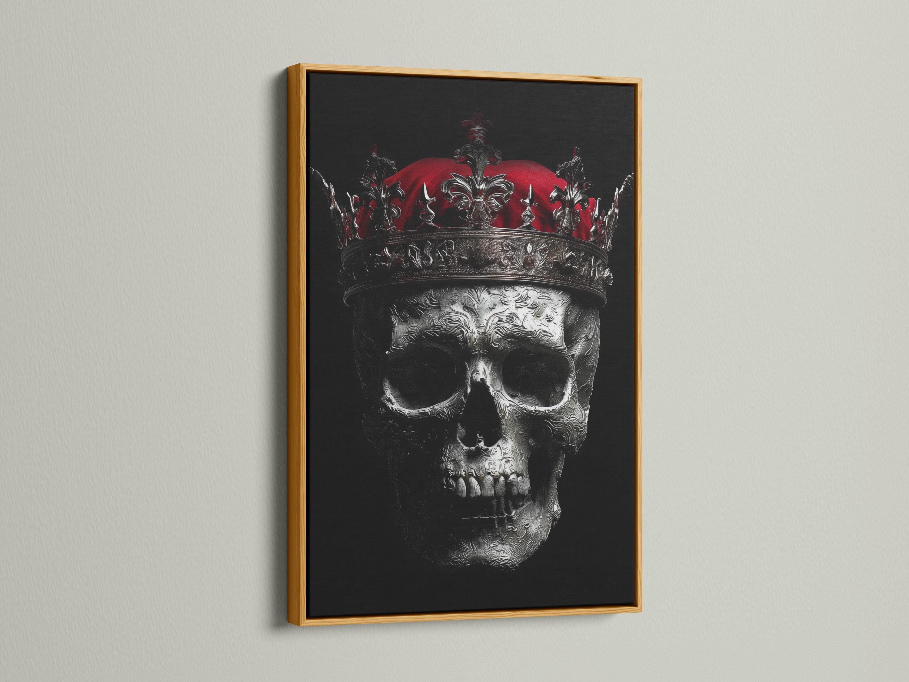 Dark gothic skull wall art mockup with ornate crown and red moon