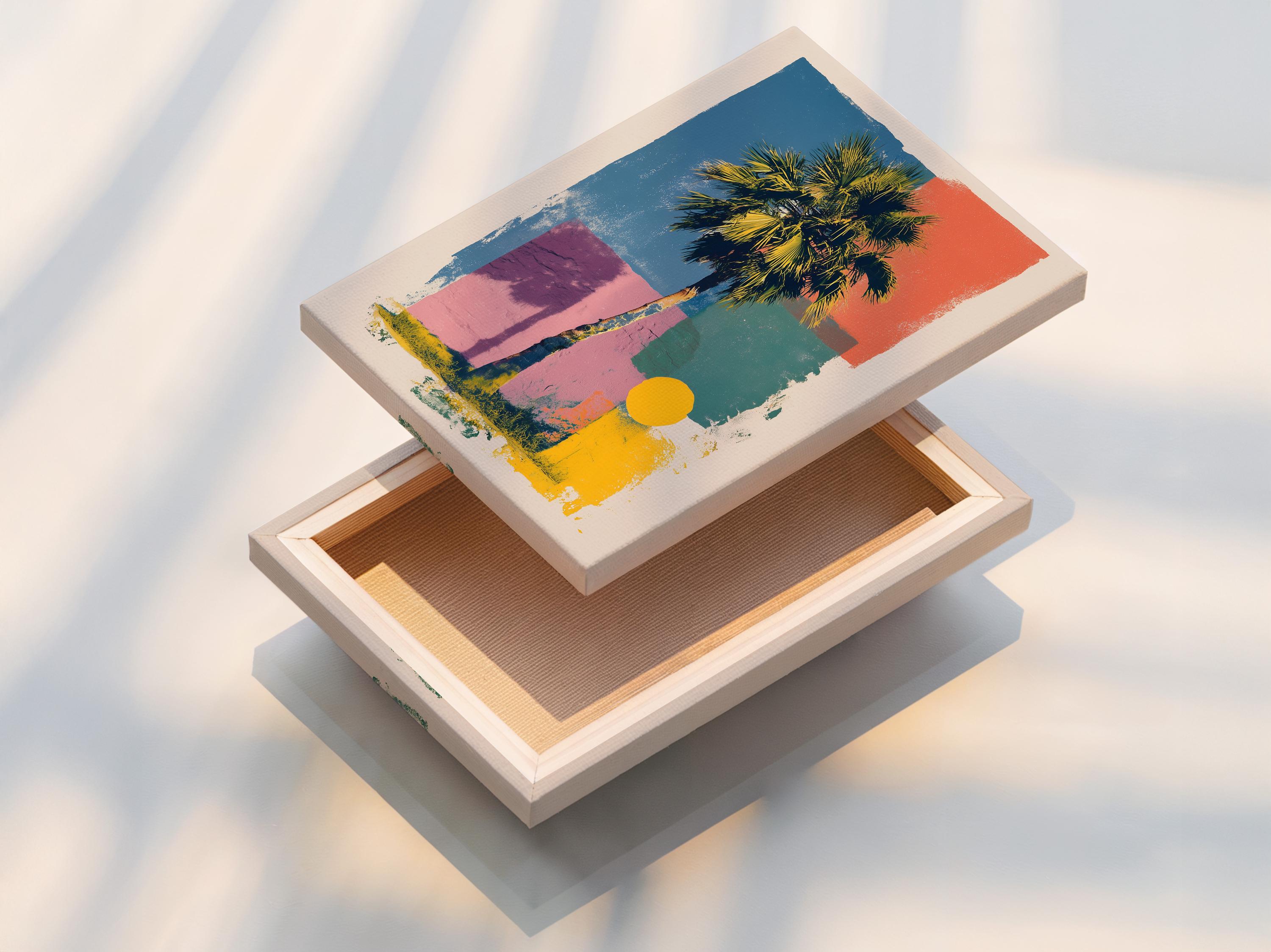 Room mockup showing palm tree pop-art wall artwork with a frame