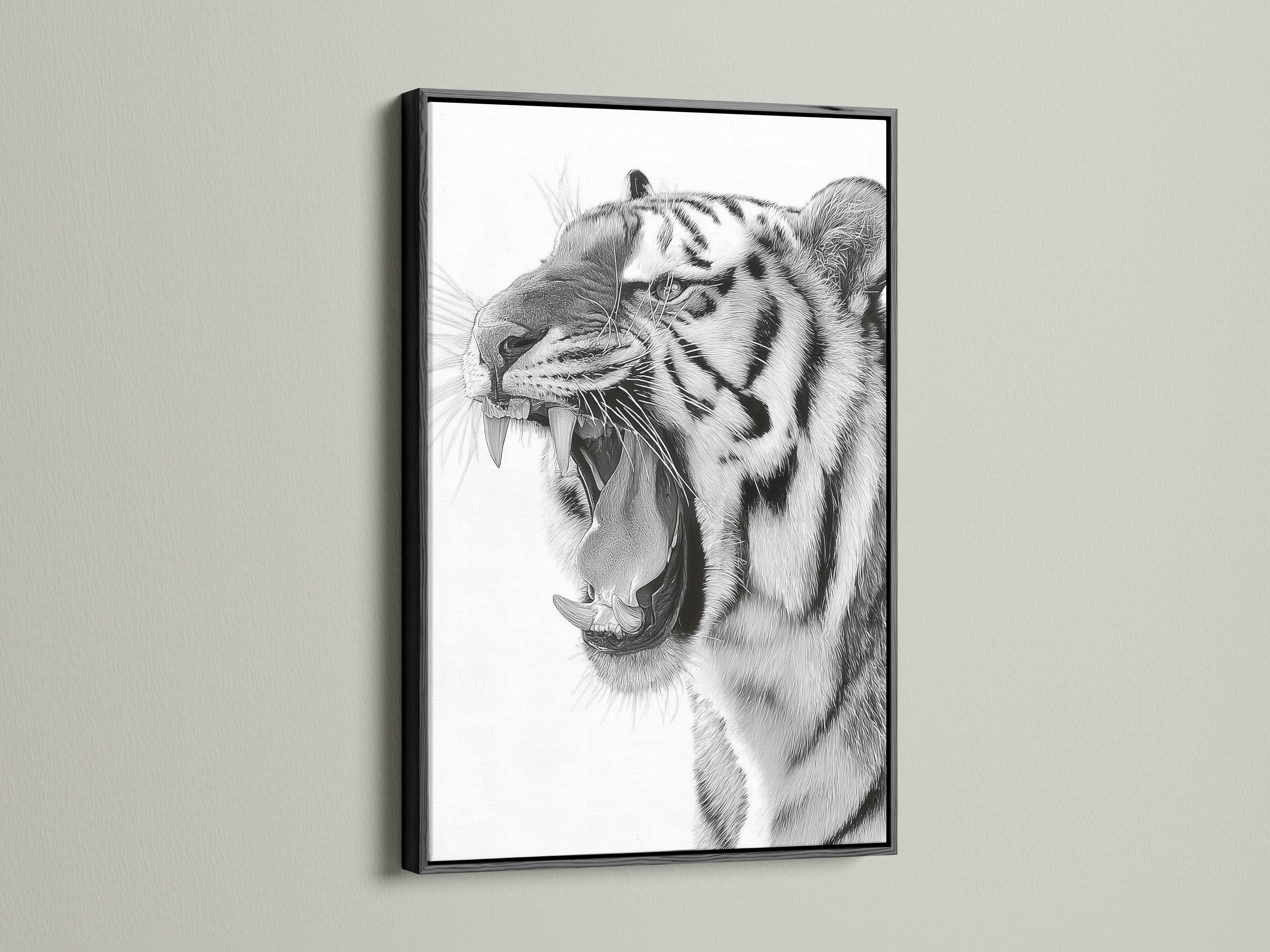 Room mockup showing a framed black and white tiger portrait artwork